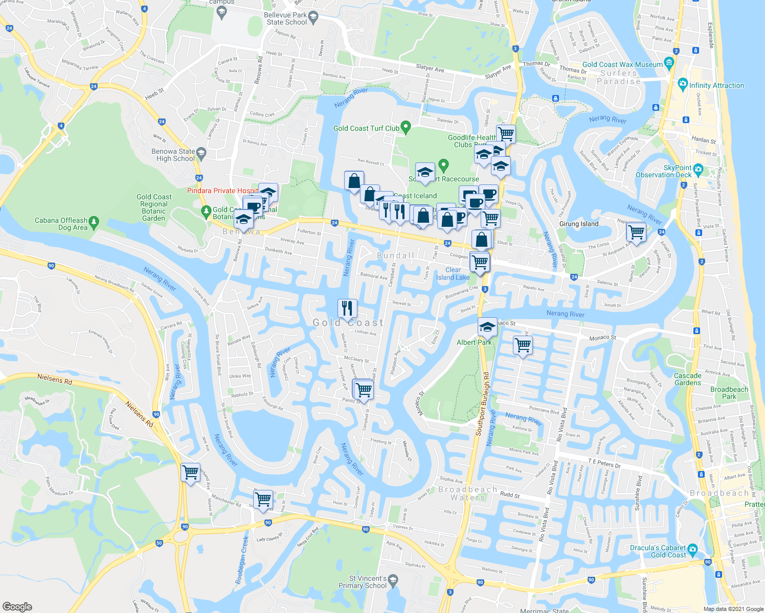 map of restaurants, bars, coffee shops, grocery stores, and more near 100 Campbell Street in Bundall