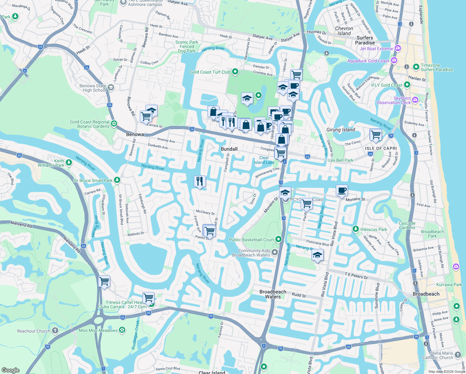 map of restaurants, bars, coffee shops, grocery stores, and more near 2 Platypus Avenue in Bundall