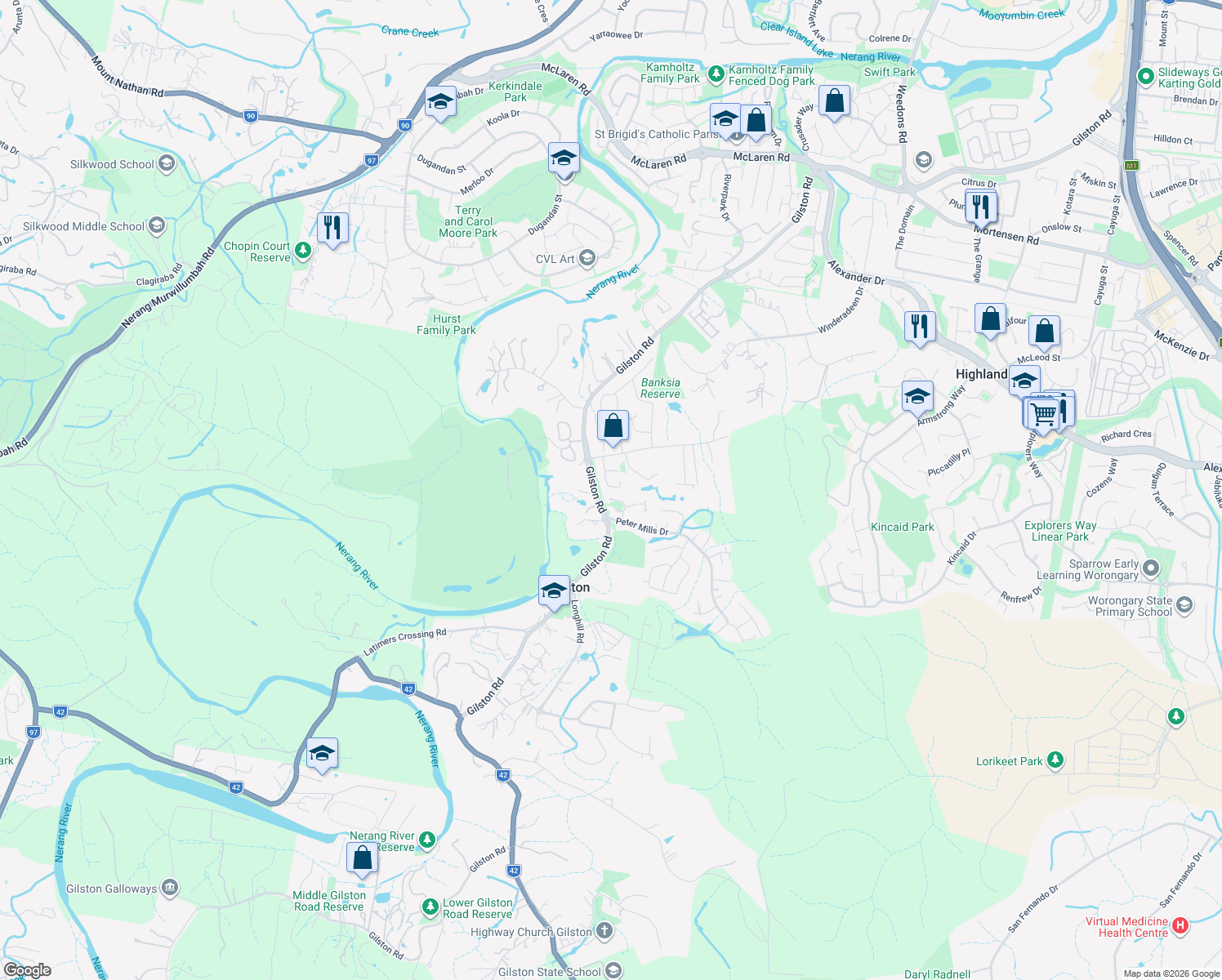 map of restaurants, bars, coffee shops, grocery stores, and more near 17 Koel Drive in Gilston