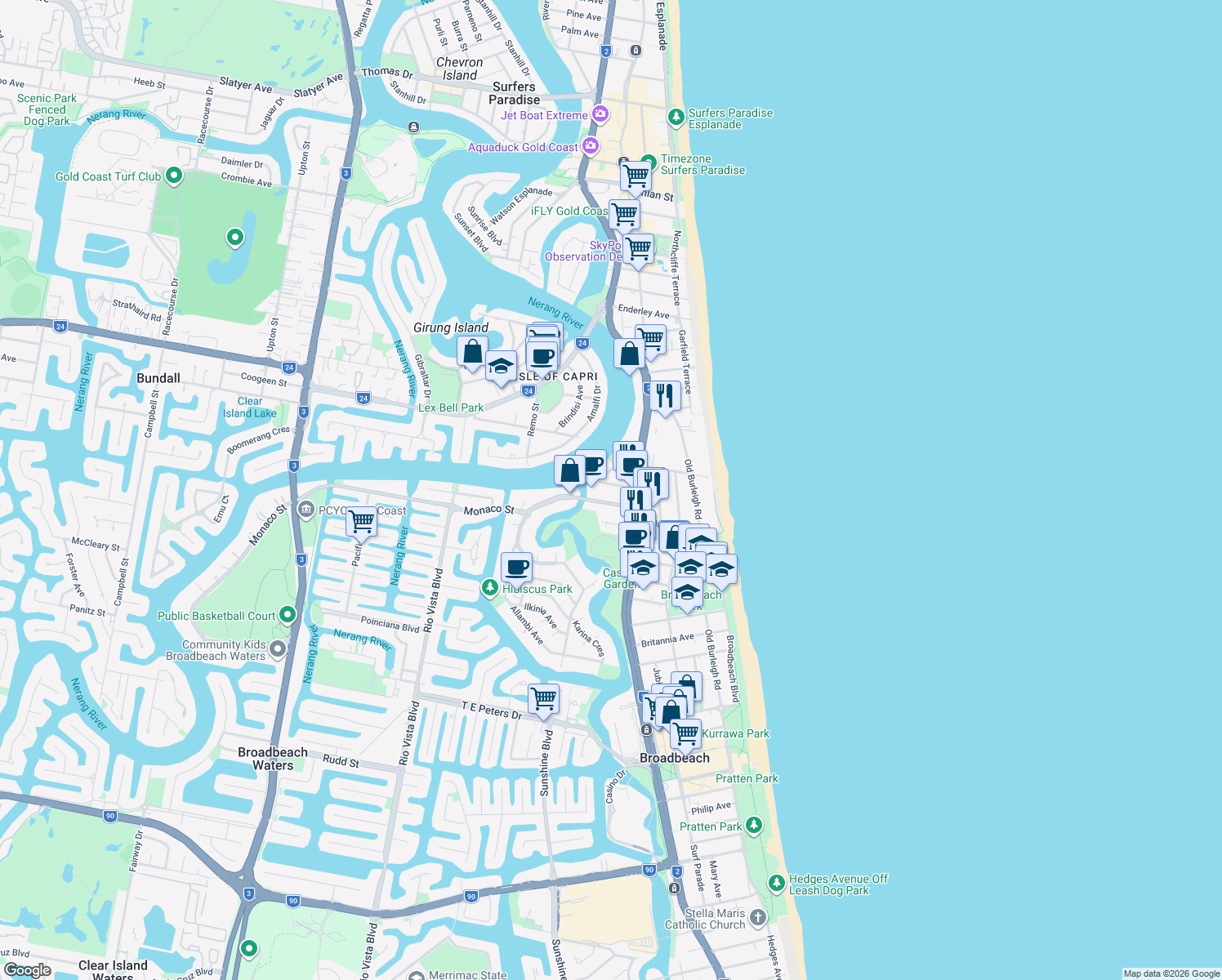 map of restaurants, bars, coffee shops, grocery stores, and more near 22 Genoa Street in Surfers Paradise