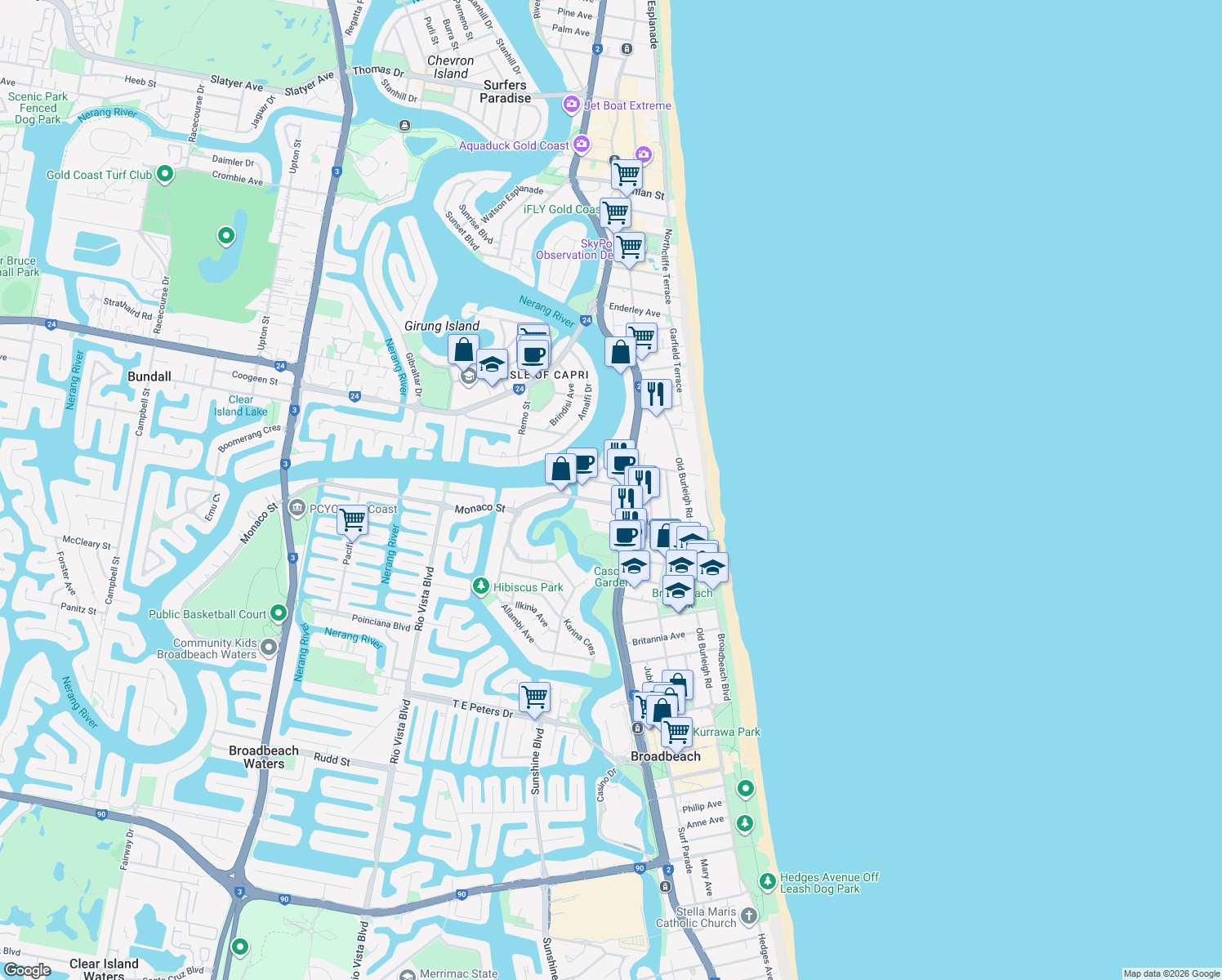 map of restaurants, bars, coffee shops, grocery stores, and more near 10-16 Genoa Street in Surfers Paradise