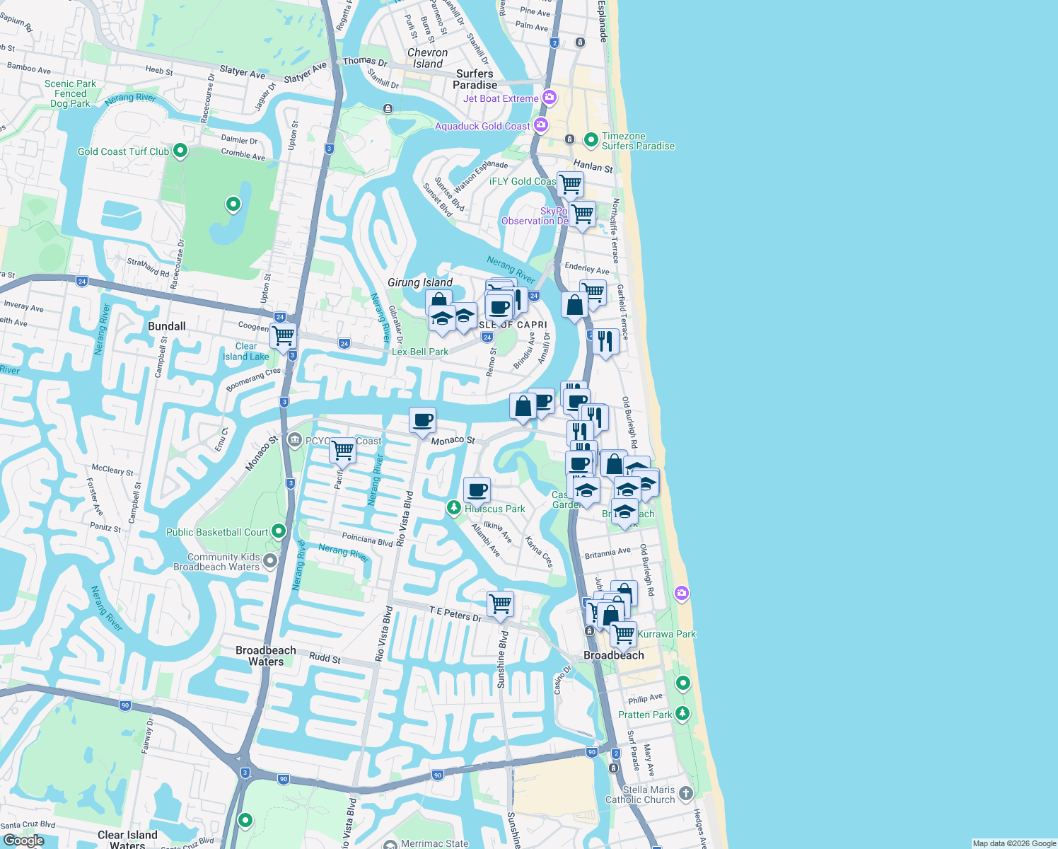 map of restaurants, bars, coffee shops, grocery stores, and more near 41 Monaco Street in Broadbeach Waters