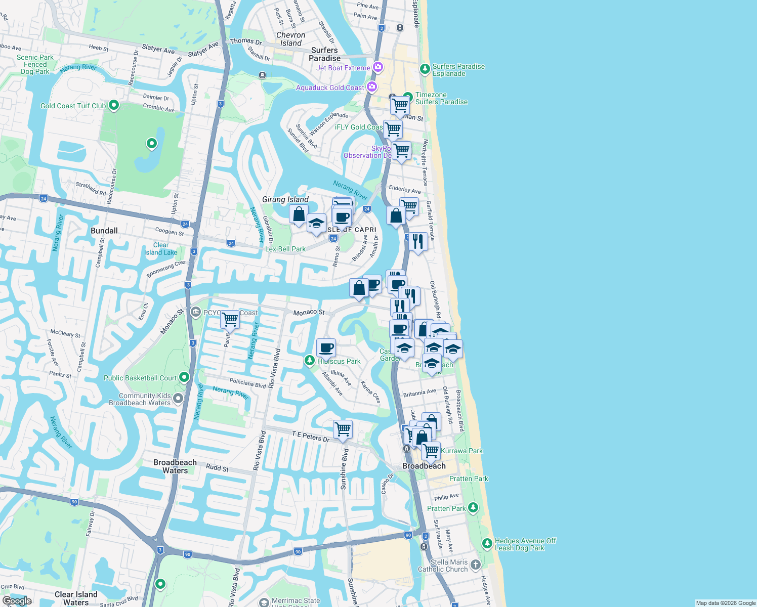 map of restaurants, bars, coffee shops, grocery stores, and more near 33 Monaco Street in Surfers Paradise