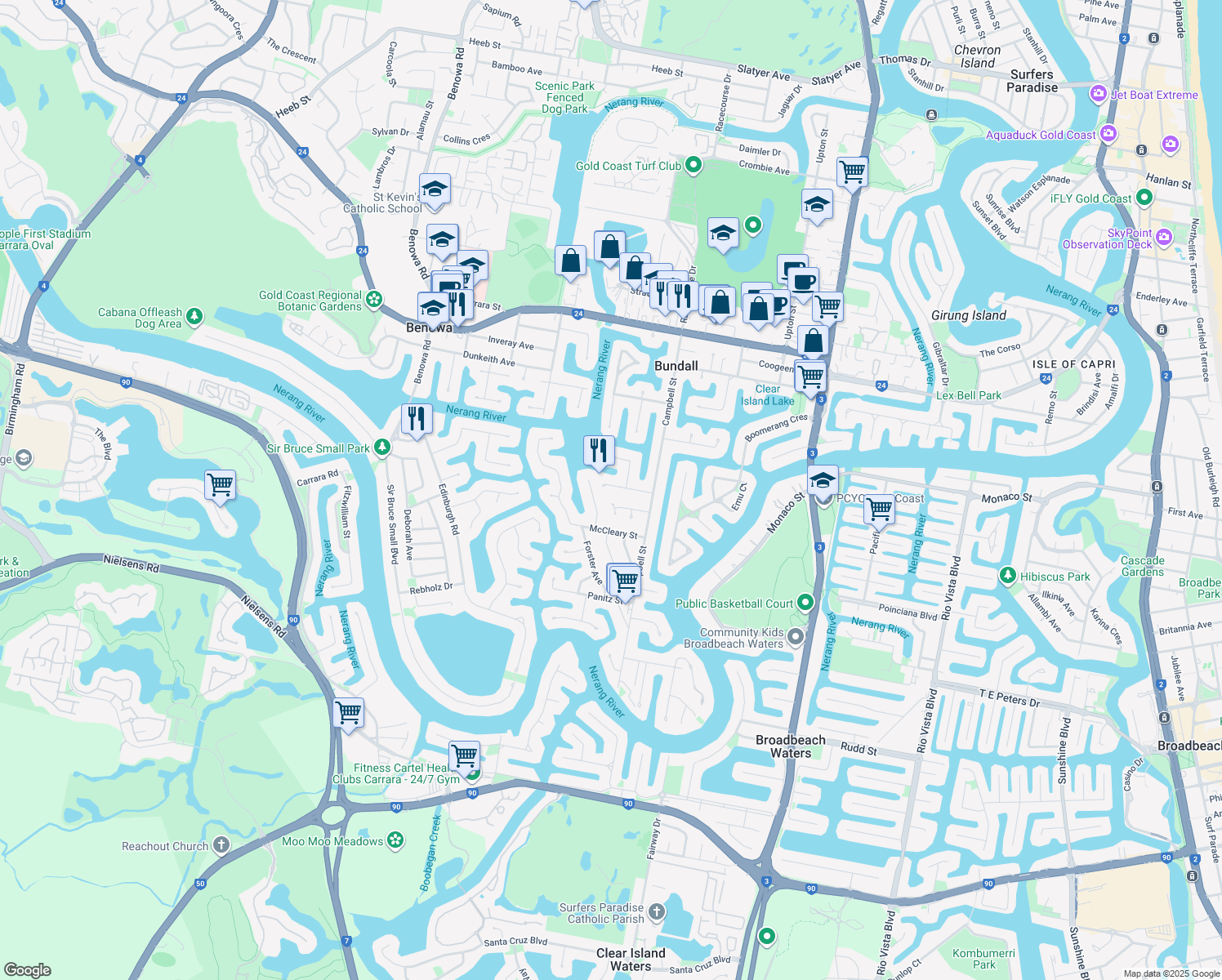 map of restaurants, bars, coffee shops, grocery stores, and more near 20 Lothian Avenue in Bundall