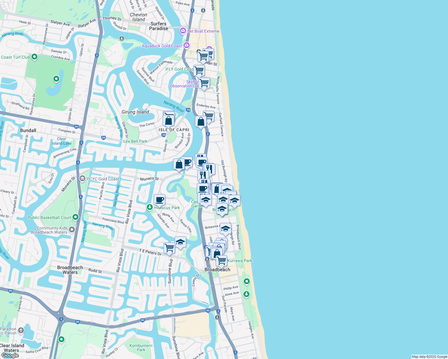 map of restaurants, bars, coffee shops, grocery stores, and more near 75 Old Burleigh Road in Surfers Paradise