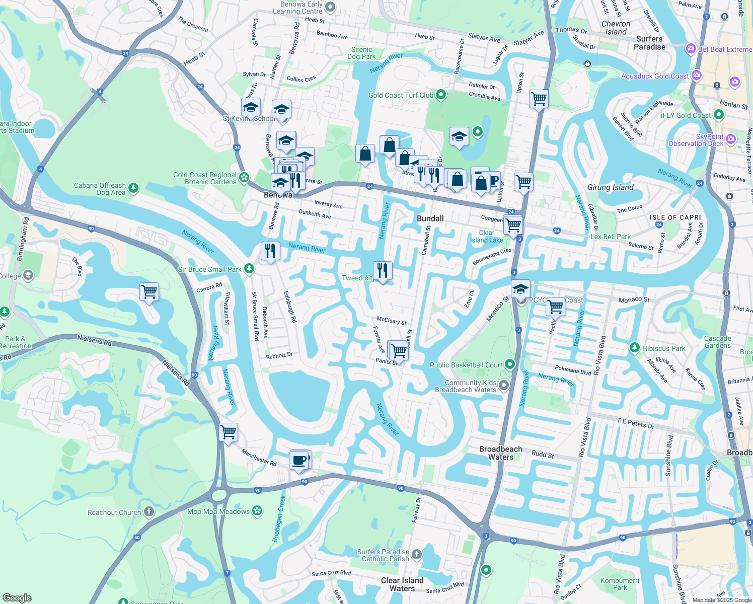 map of restaurants, bars, coffee shops, grocery stores, and more near 14 MacKay Close in Bundall