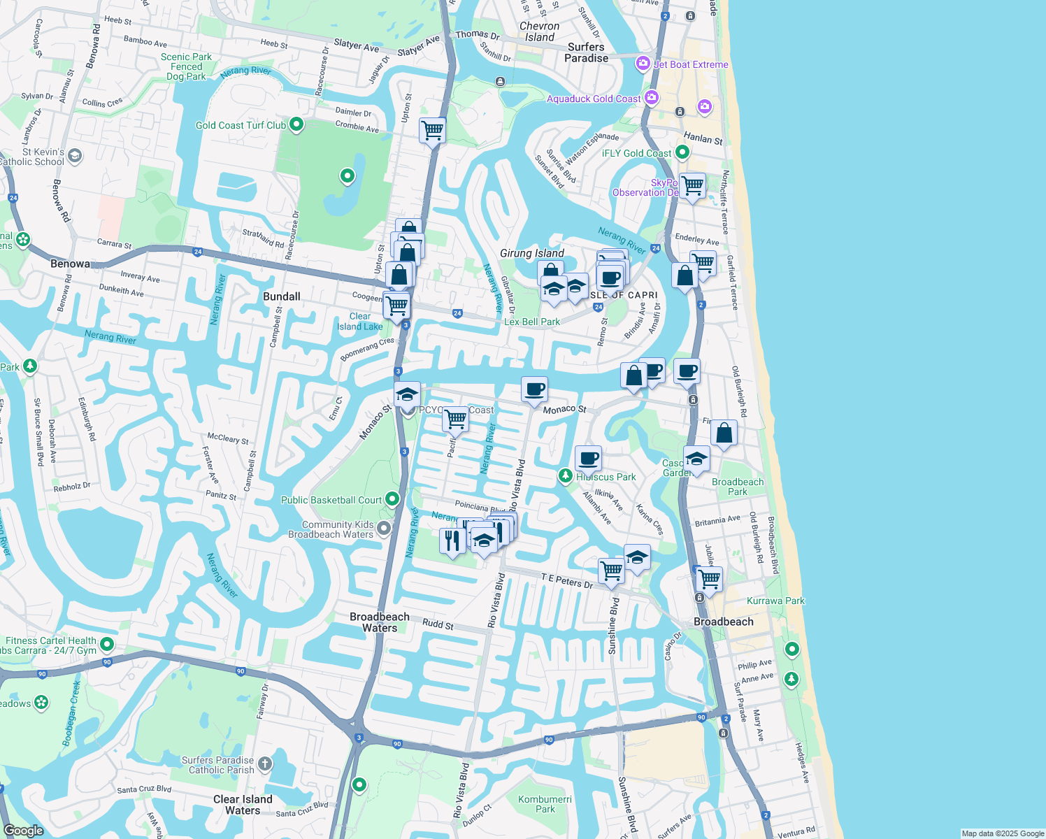 map of restaurants, bars, coffee shops, grocery stores, and more near 1 Bahia Court in Broadbeach Waters
