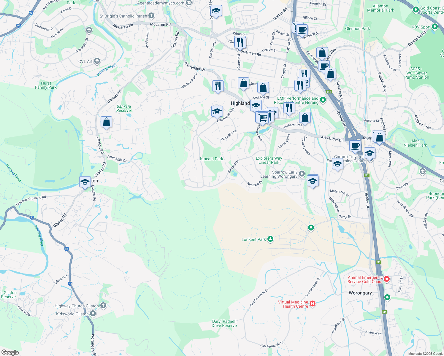 map of restaurants, bars, coffee shops, grocery stores, and more near 5 Rivage Place in Highland Park