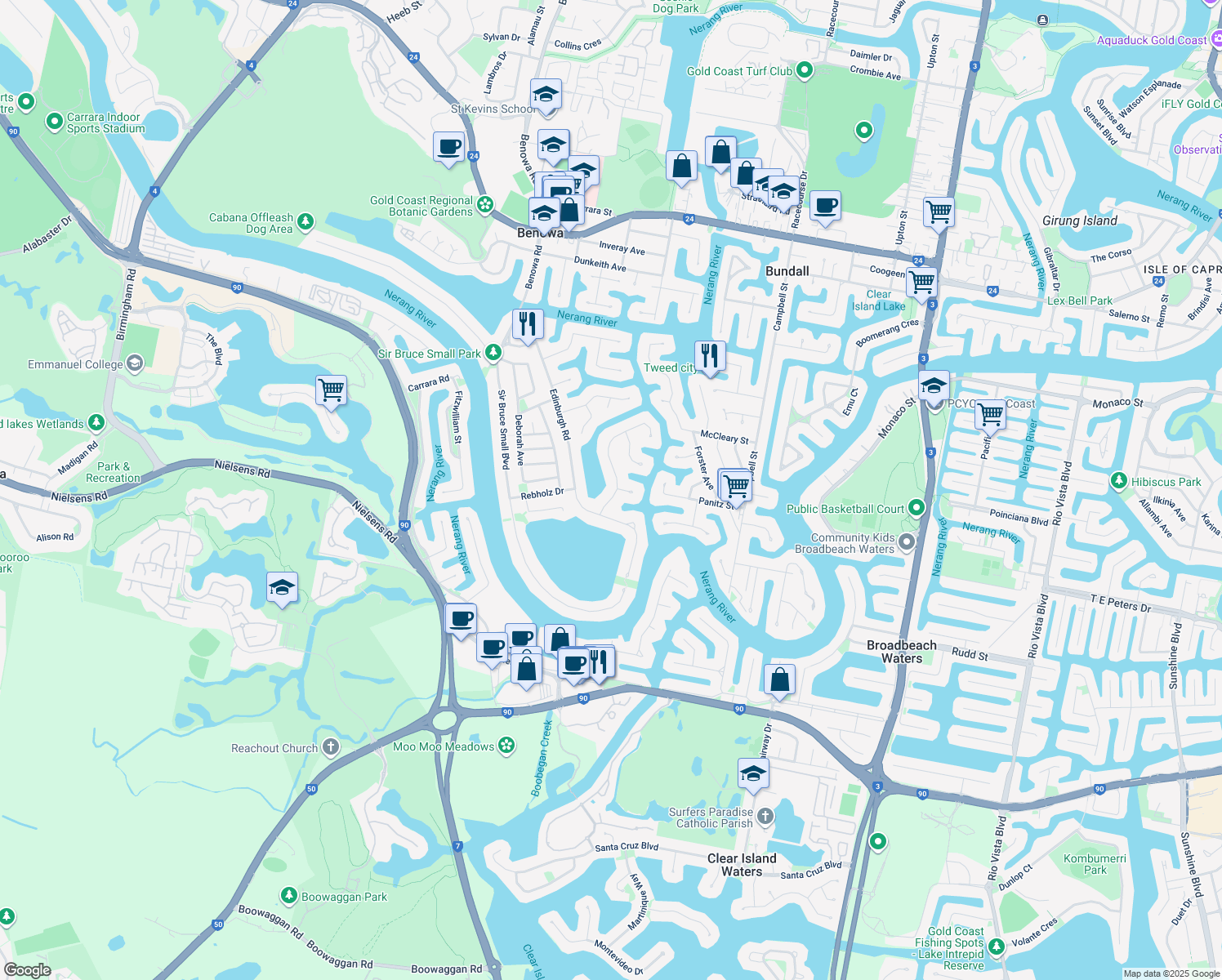 map of restaurants, bars, coffee shops, grocery stores, and more near 12 Charolais Crescent in Benowa