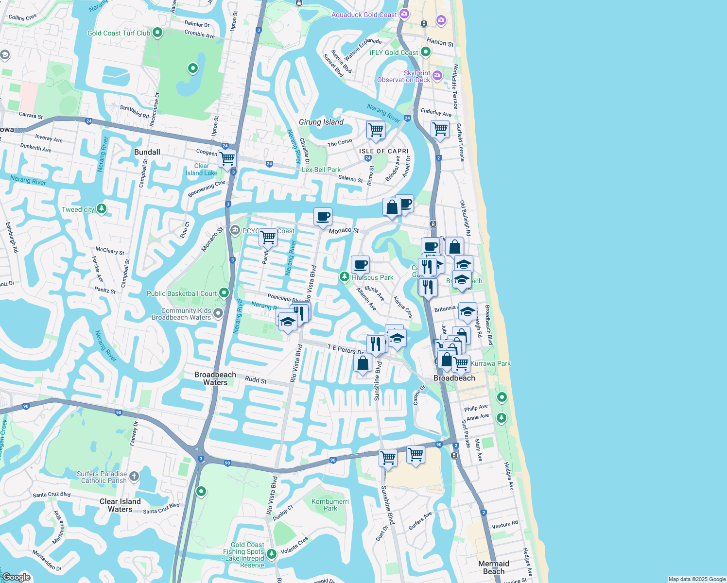 map of restaurants, bars, coffee shops, grocery stores, and more near 26 Allambi Avenue in Broadbeach Waters