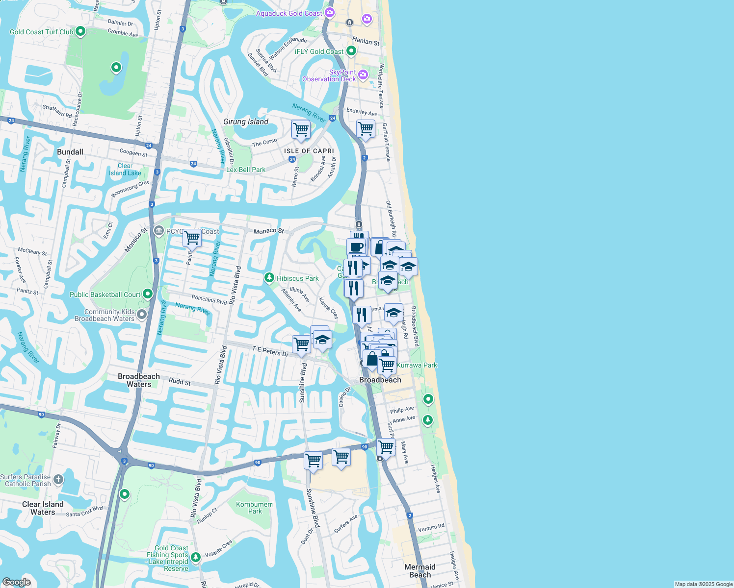 map of restaurants, bars, coffee shops, grocery stores, and more near 35 Chelsea Avenue in Broadbeach