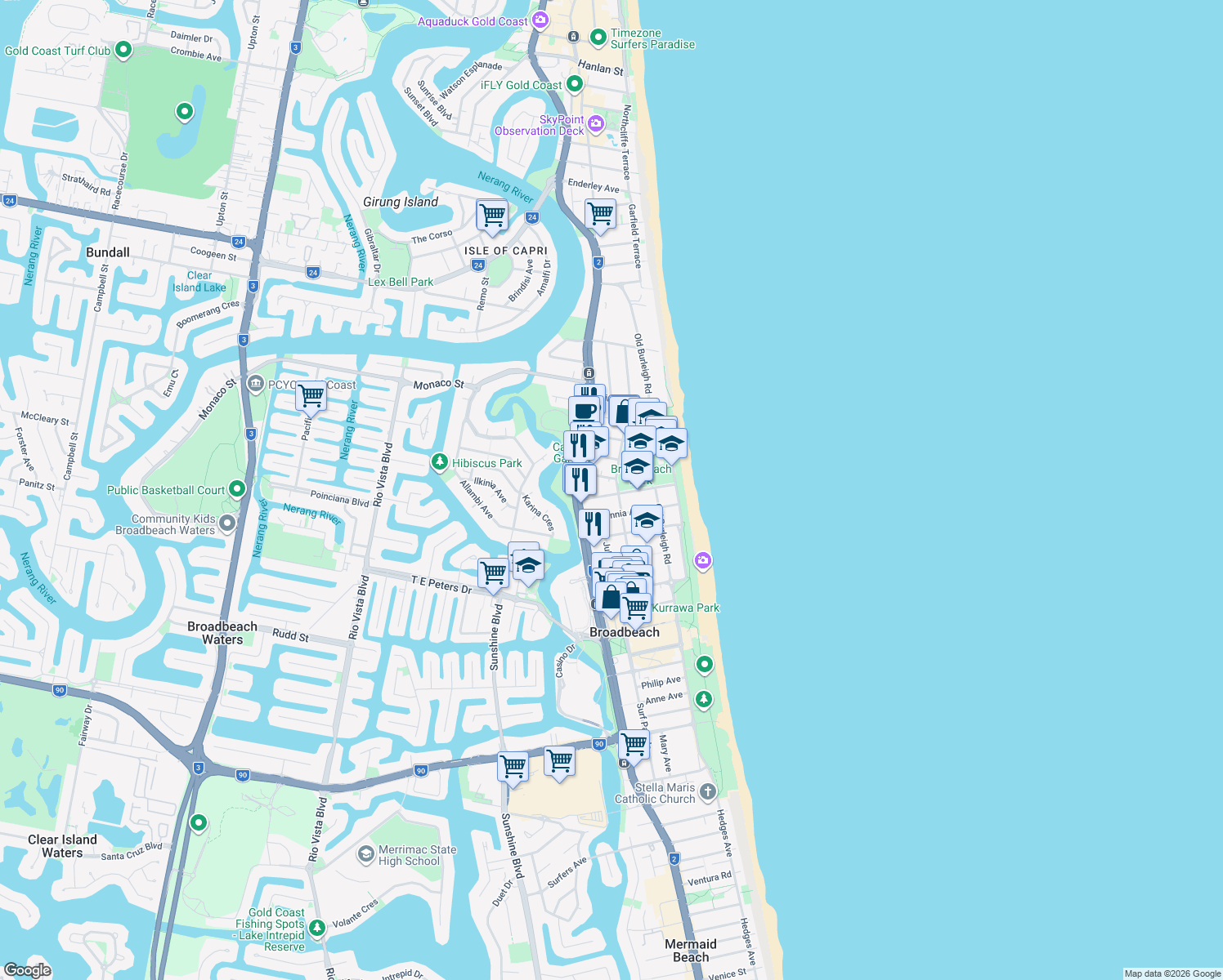 map of restaurants, bars, coffee shops, grocery stores, and more near 146 Surf Parade in Broadbeach