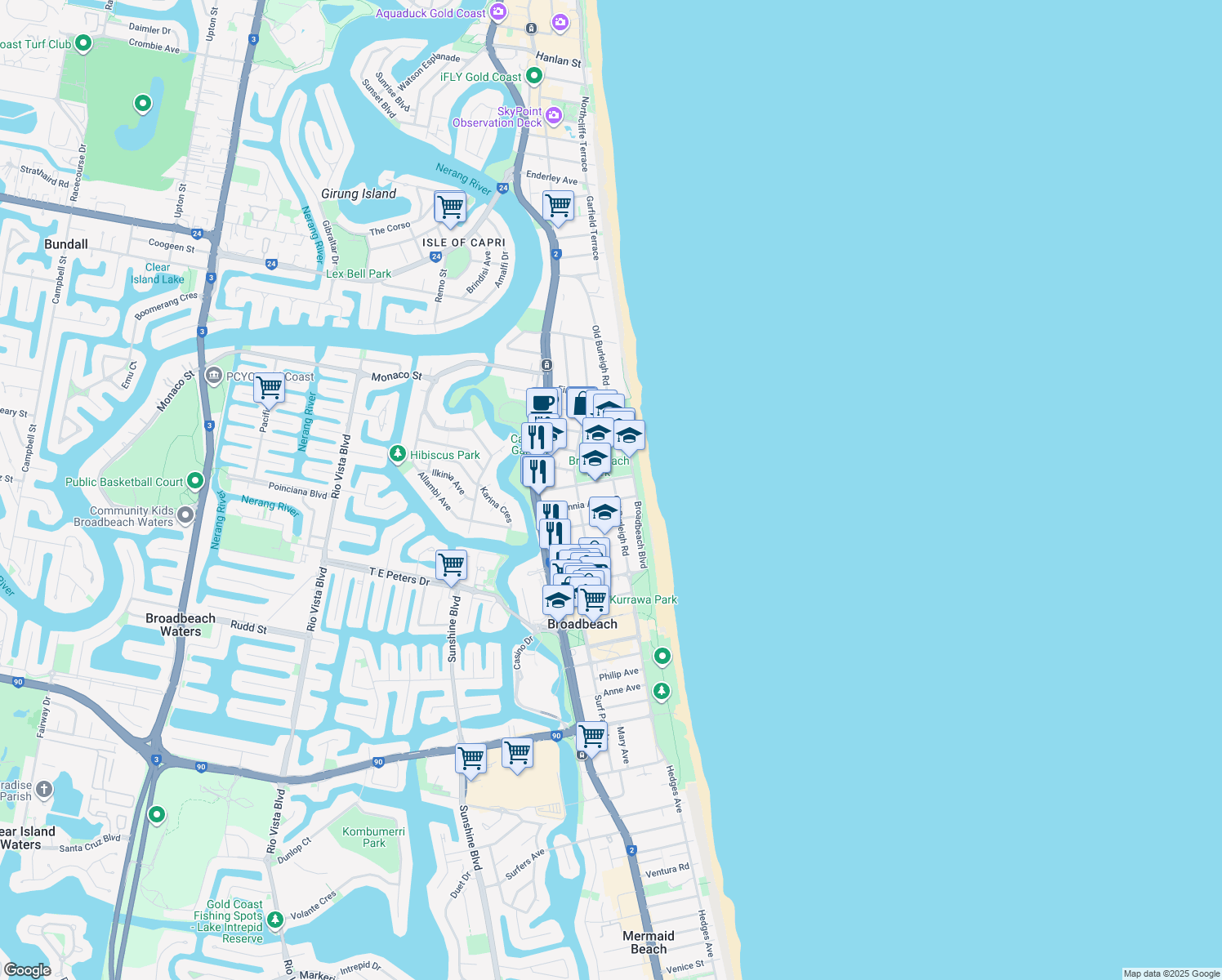 map of restaurants, bars, coffee shops, grocery stores, and more near 7 Britannia Avenue in Broadbeach