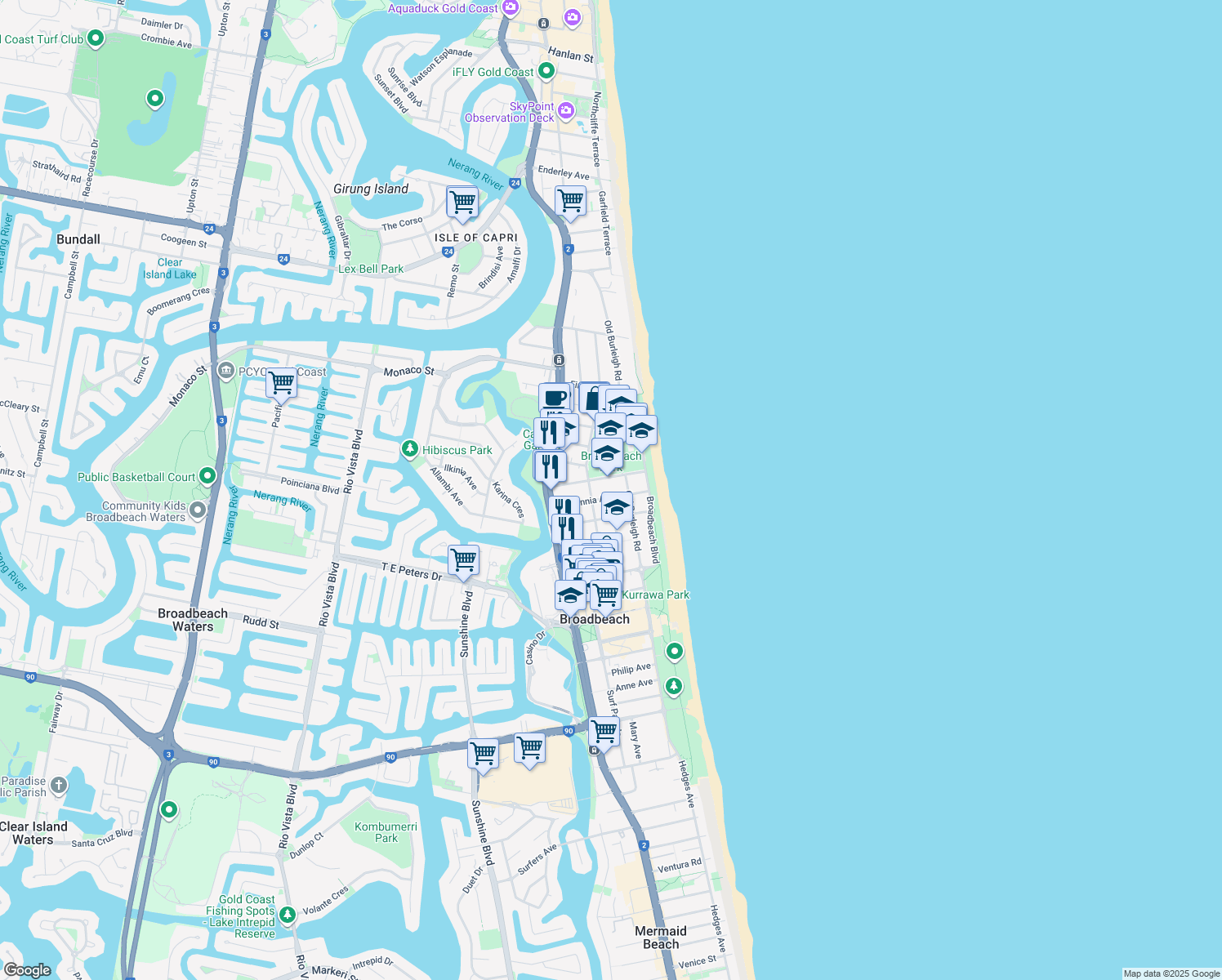 map of restaurants, bars, coffee shops, grocery stores, and more near 15 Britannia Avenue in Broadbeach
