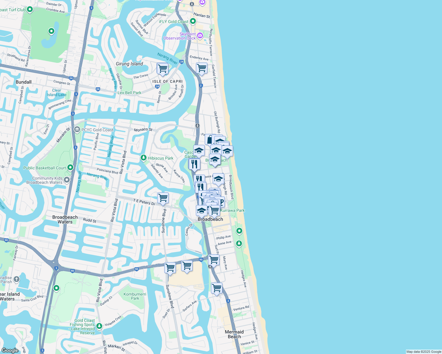 map of restaurants, bars, coffee shops, grocery stores, and more near 111 Old Burleigh Road in Broadbeach
