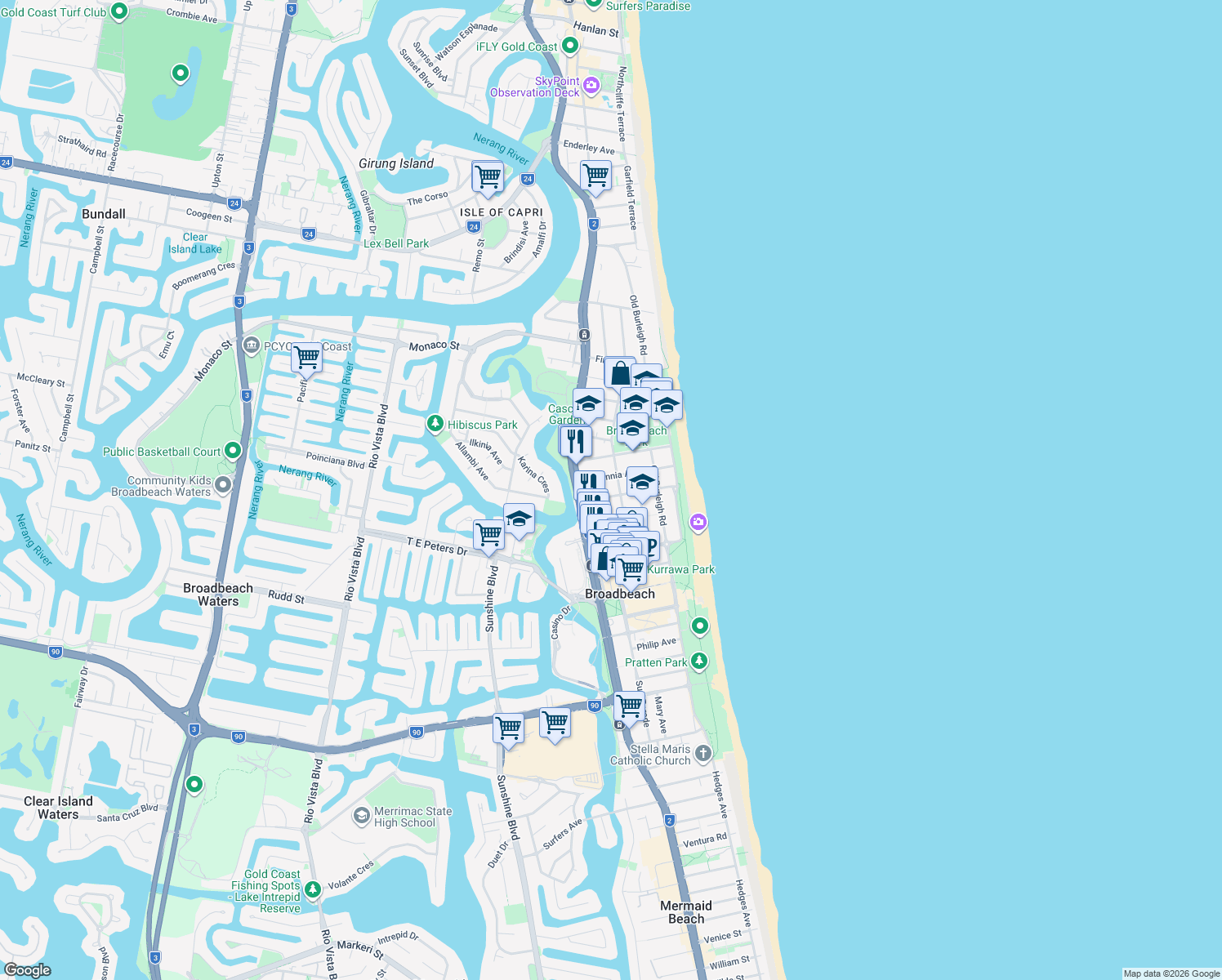 map of restaurants, bars, coffee shops, grocery stores, and more near 29 Australia Avenue in Broadbeach