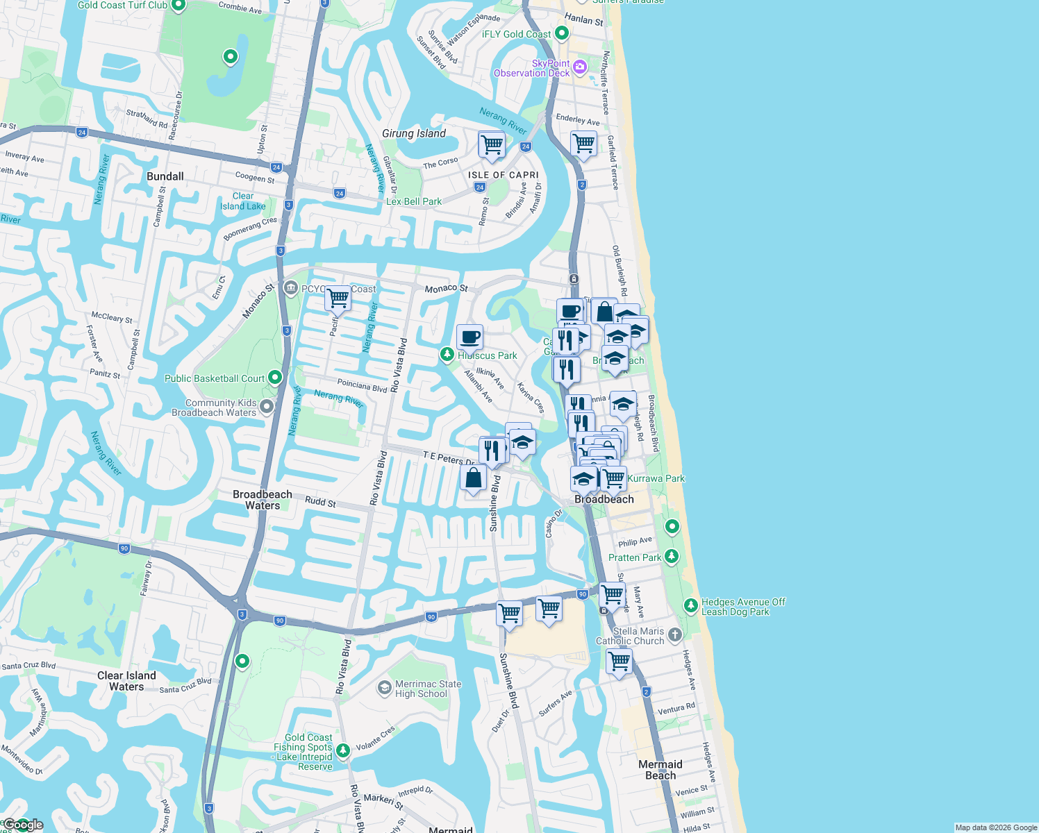 map of restaurants, bars, coffee shops, grocery stores, and more near 123 Allambi Avenue in Broadbeach Waters