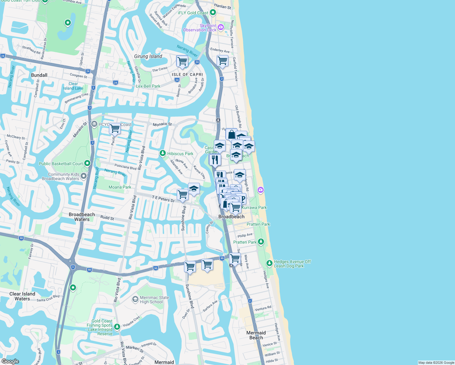 map of restaurants, bars, coffee shops, grocery stores, and more near 36 Australia Avenue in Broadbeach