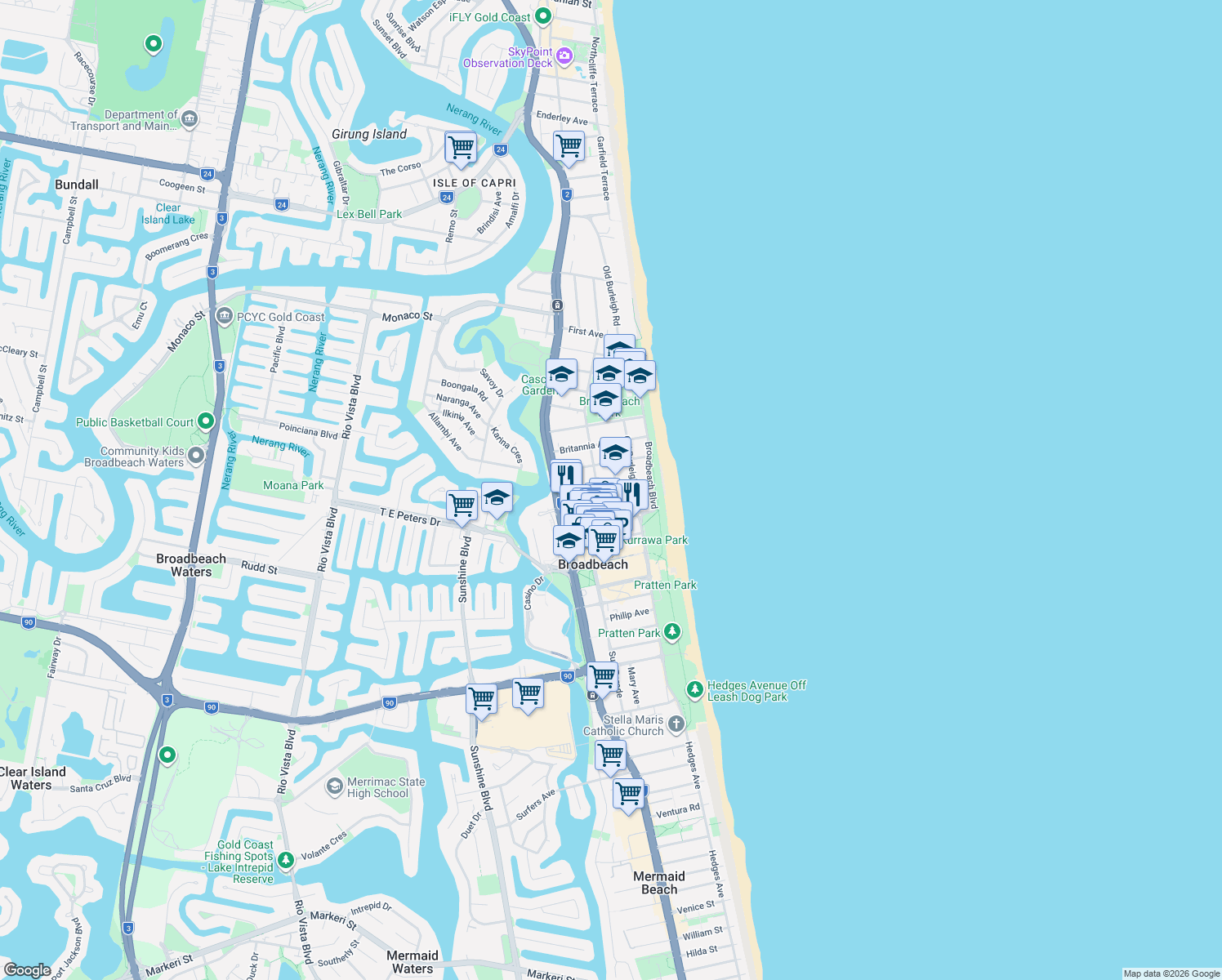 map of restaurants, bars, coffee shops, grocery stores, and more near 121 Surf Parade in Broadbeach
