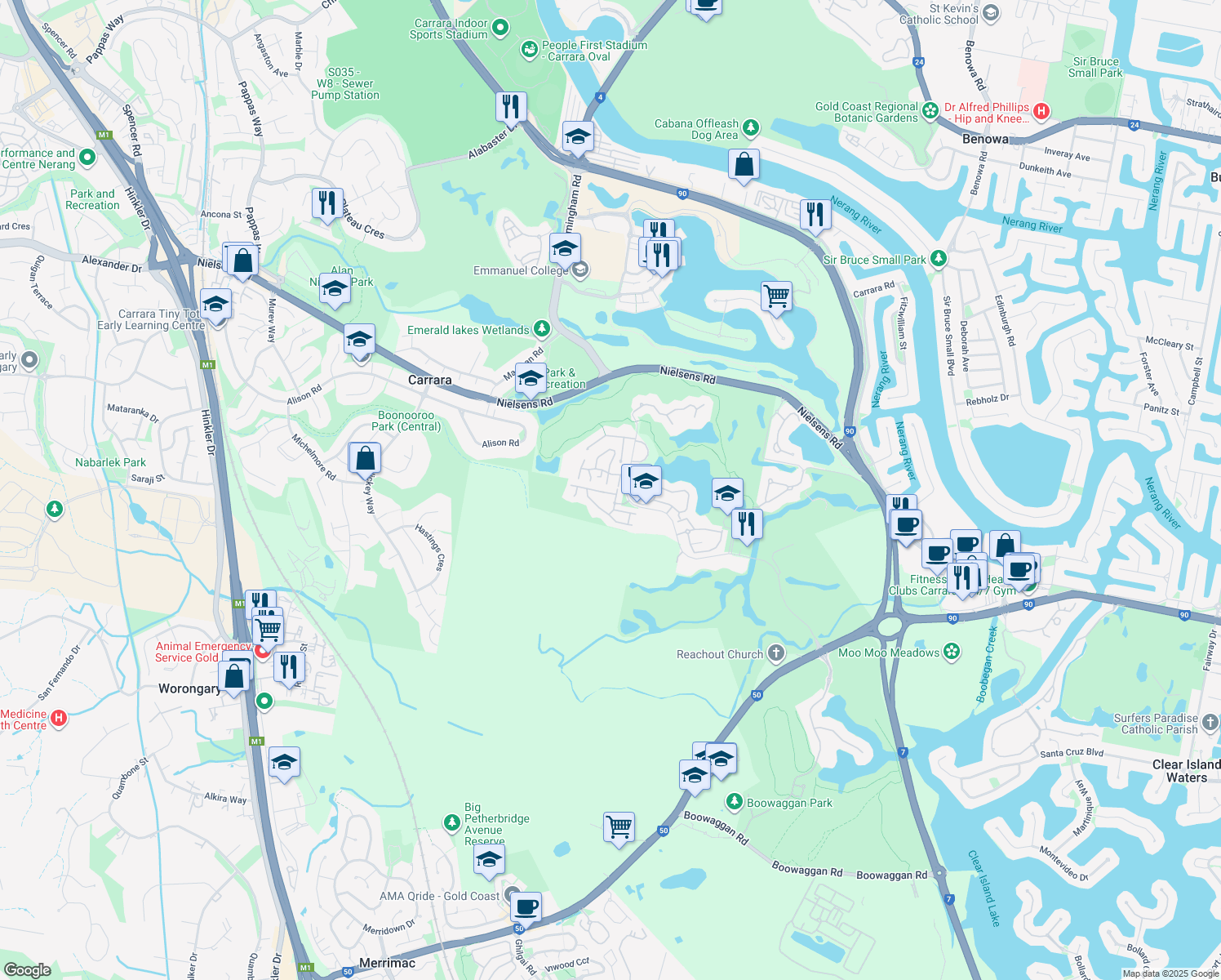 map of restaurants, bars, coffee shops, grocery stores, and more near 136 Palm Meadows Drive in Carrara