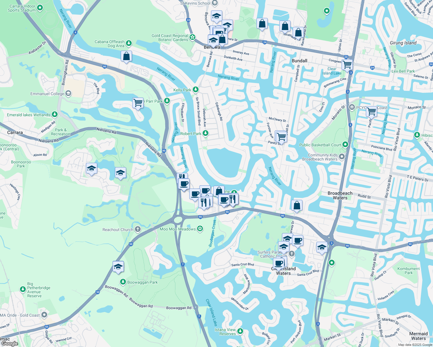 map of restaurants, bars, coffee shops, grocery stores, and more near 112 Sir Bruce Small Boulevard in Benowa