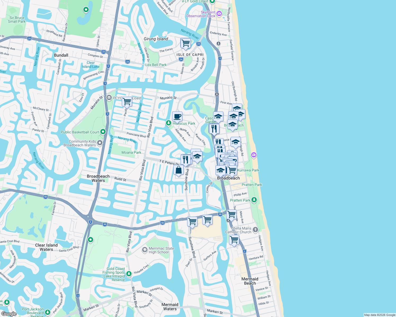 map of restaurants, bars, coffee shops, grocery stores, and more near 33 T E Peters Drive in Broadbeach Waters
