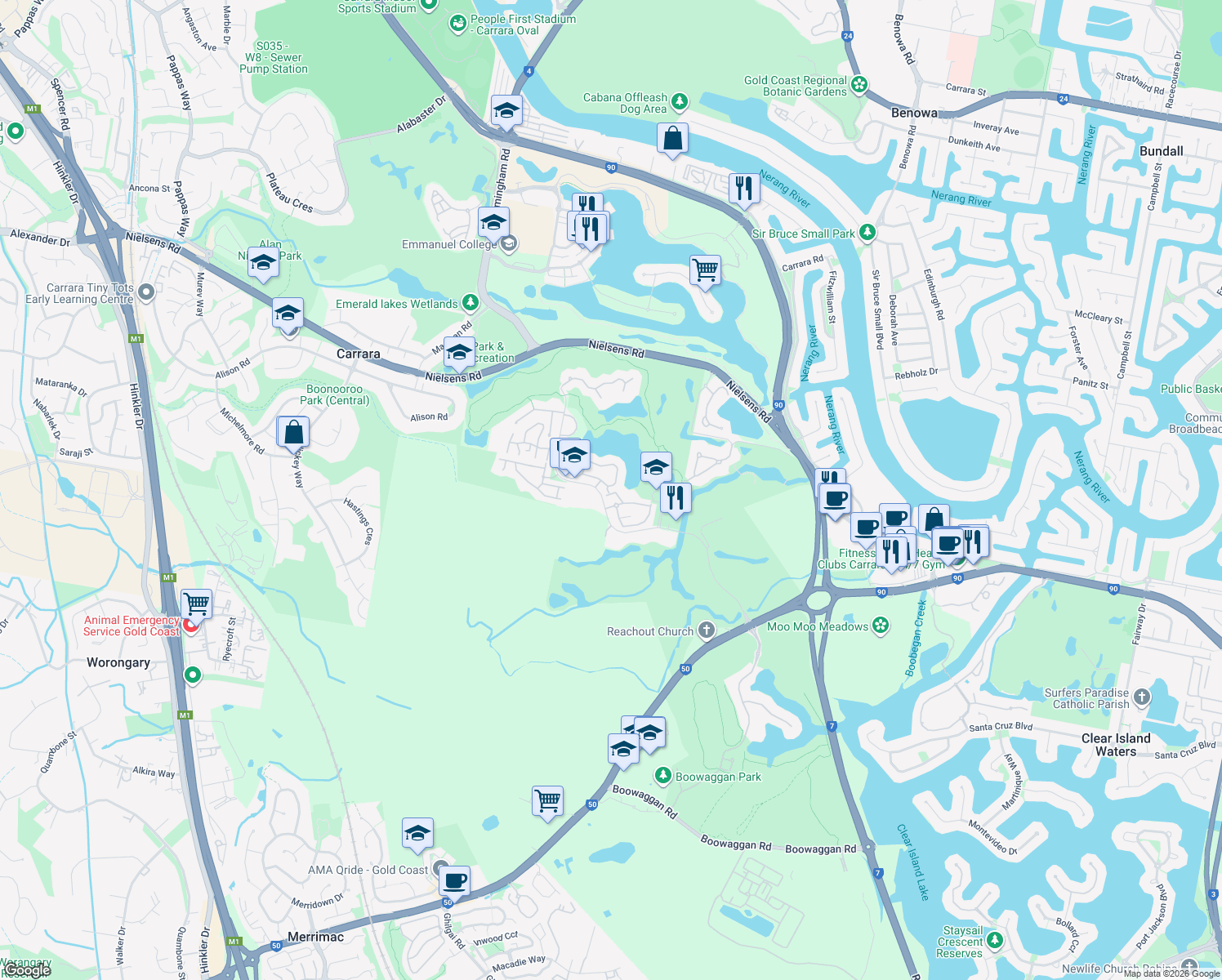 map of restaurants, bars, coffee shops, grocery stores, and more near 117 Palm Meadows Drive in Carrara