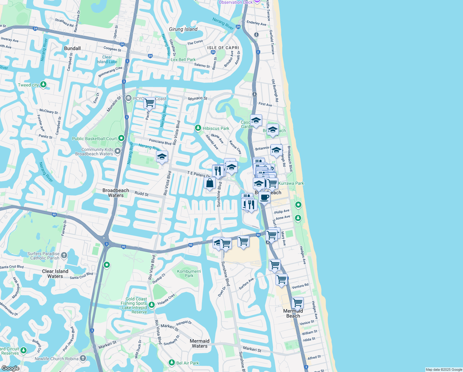 map of restaurants, bars, coffee shops, grocery stores, and more near 3 Miami Key in Broadbeach Waters