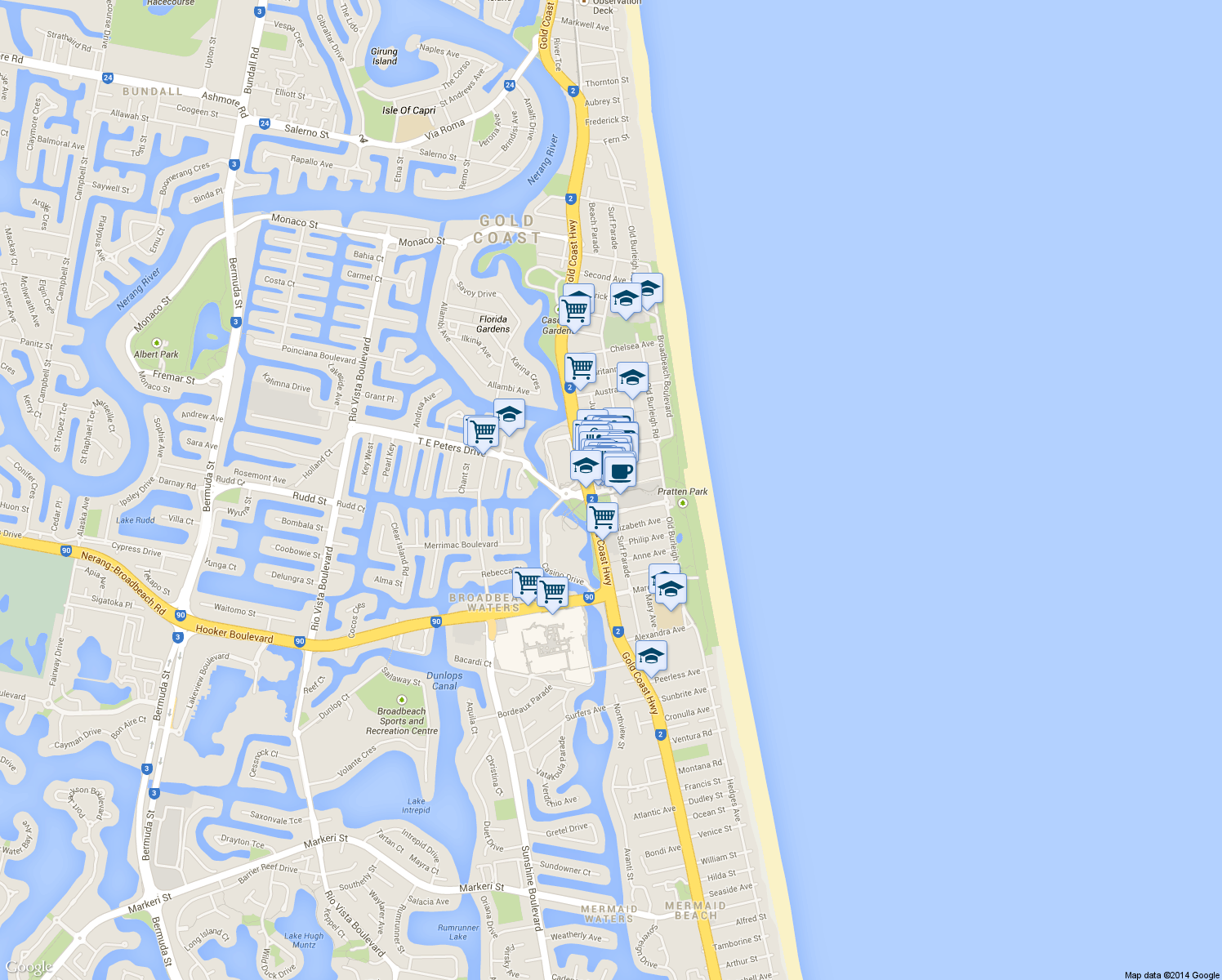 map of restaurants, bars, coffee shops, grocery stores, and more near 90-104 Surf Parade in Broadbeach