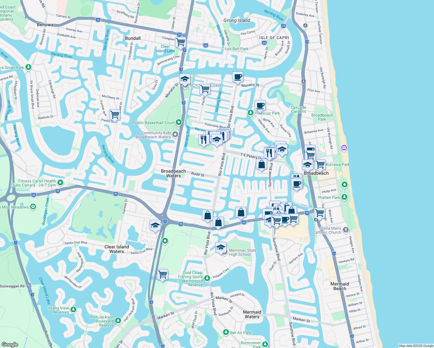 map of restaurants, bars, coffee shops, grocery stores, and more near 32 Rudd Street in Broadbeach Waters