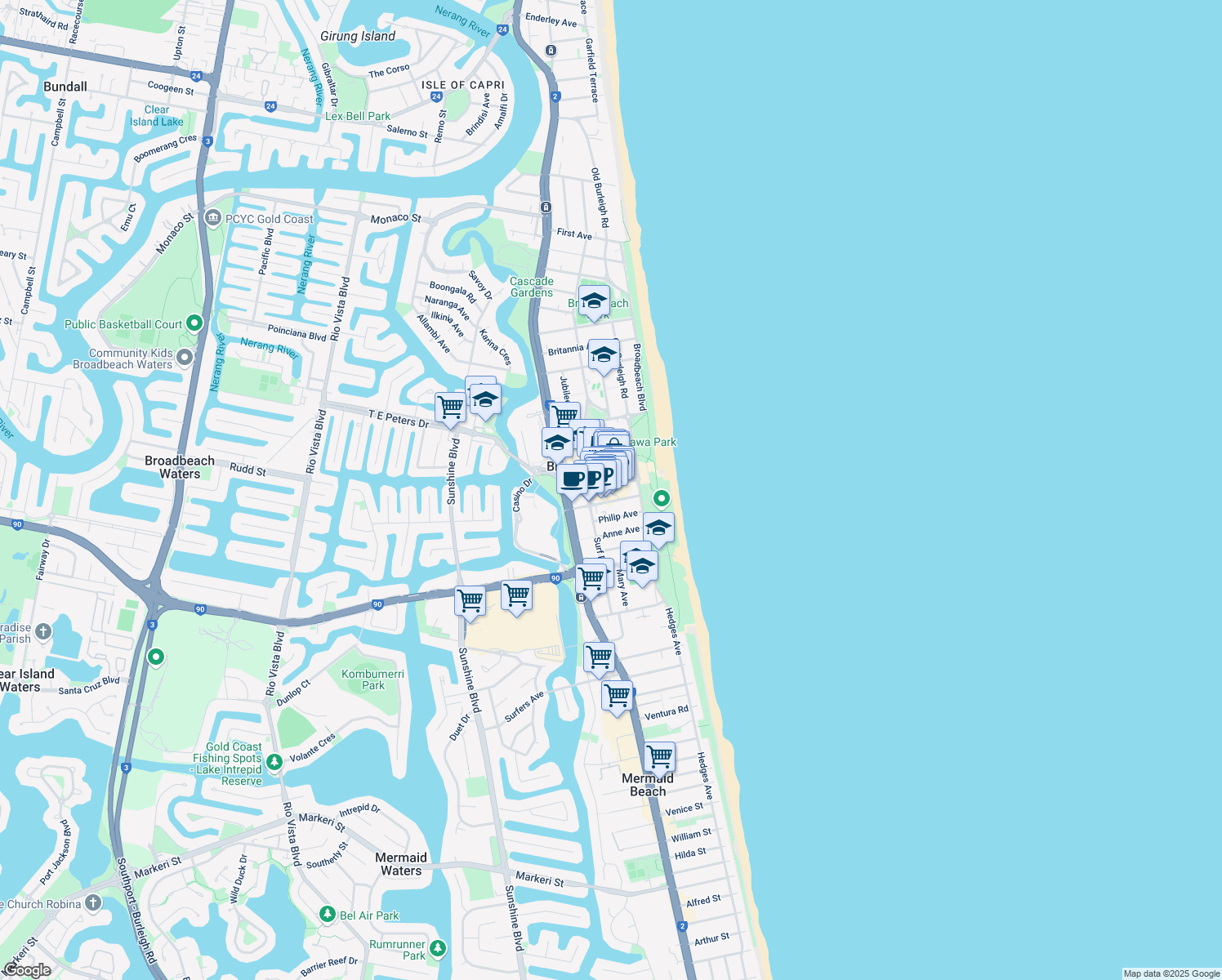 map of restaurants, bars, coffee shops, grocery stores, and more near 1 Oracle Boulevard in Broadbeach