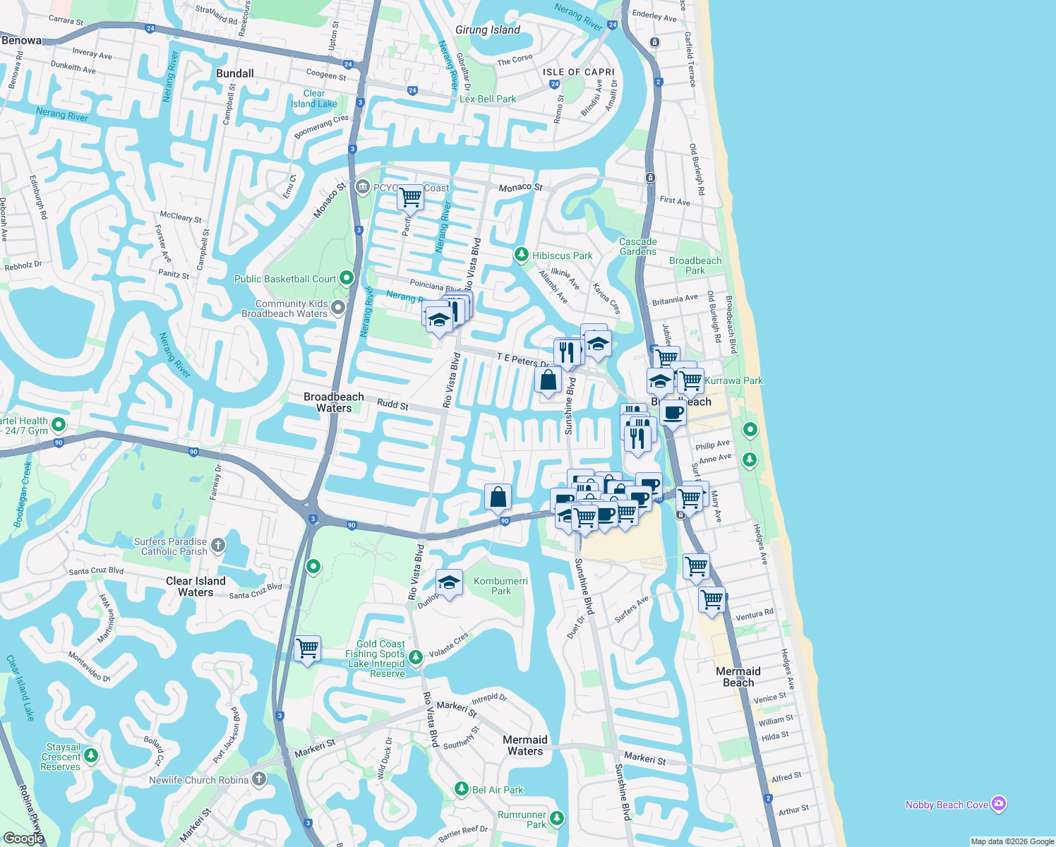 map of restaurants, bars, coffee shops, grocery stores, and more near 13 Coral Gables Key in Broadbeach Waters