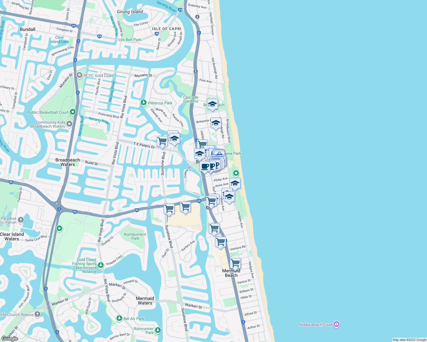 map of restaurants, bars, coffee shops, grocery stores, and more near 3 Oracle Boulevard in Broadbeach
