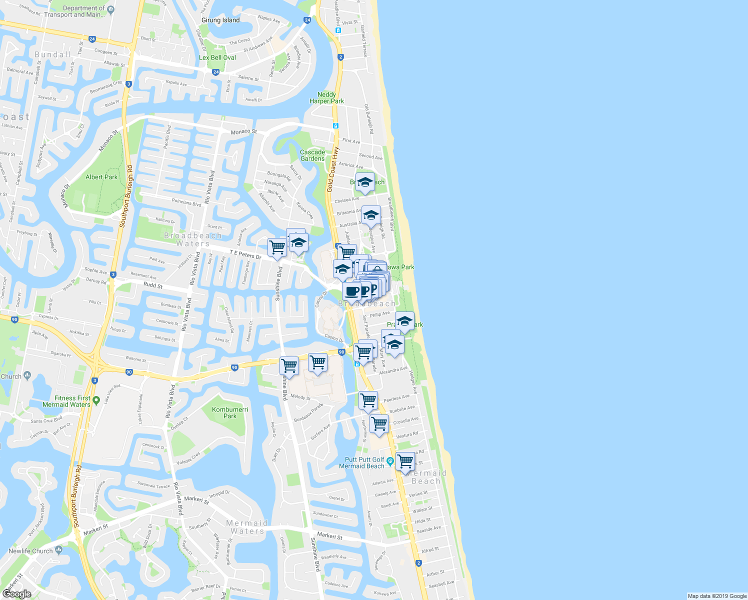 map of restaurants, bars, coffee shops, grocery stores, and more near Oracle Boulevard in Broadbeach