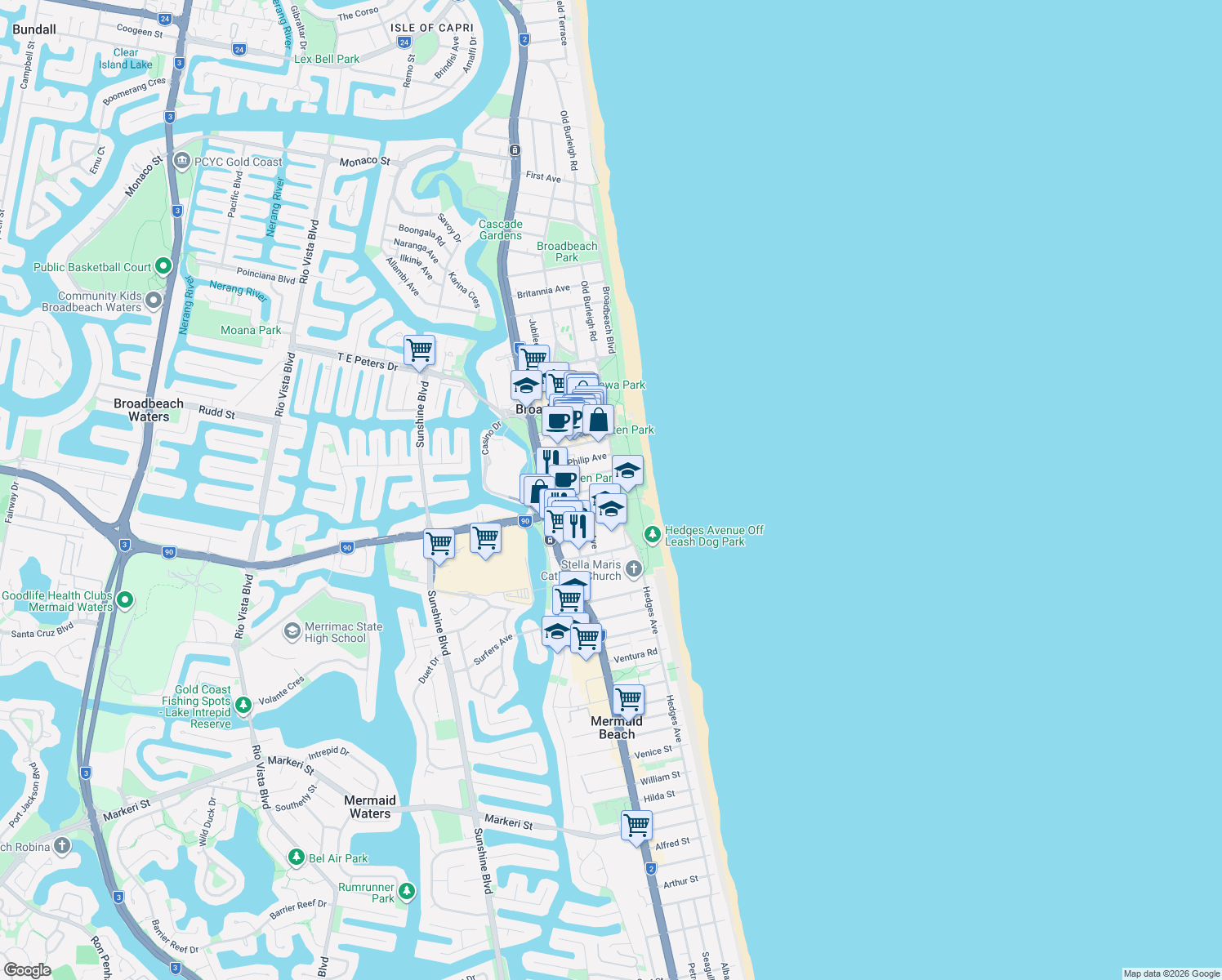 map of restaurants, bars, coffee shops, grocery stores, and more near 181 Old Burleigh Road in Broadbeach