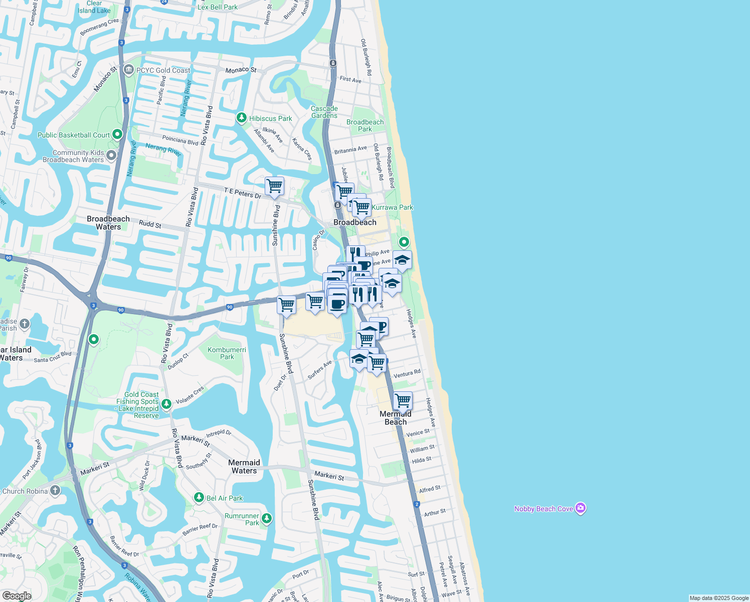 map of restaurants, bars, coffee shops, grocery stores, and more near 13 Surf Parade in Broadbeach