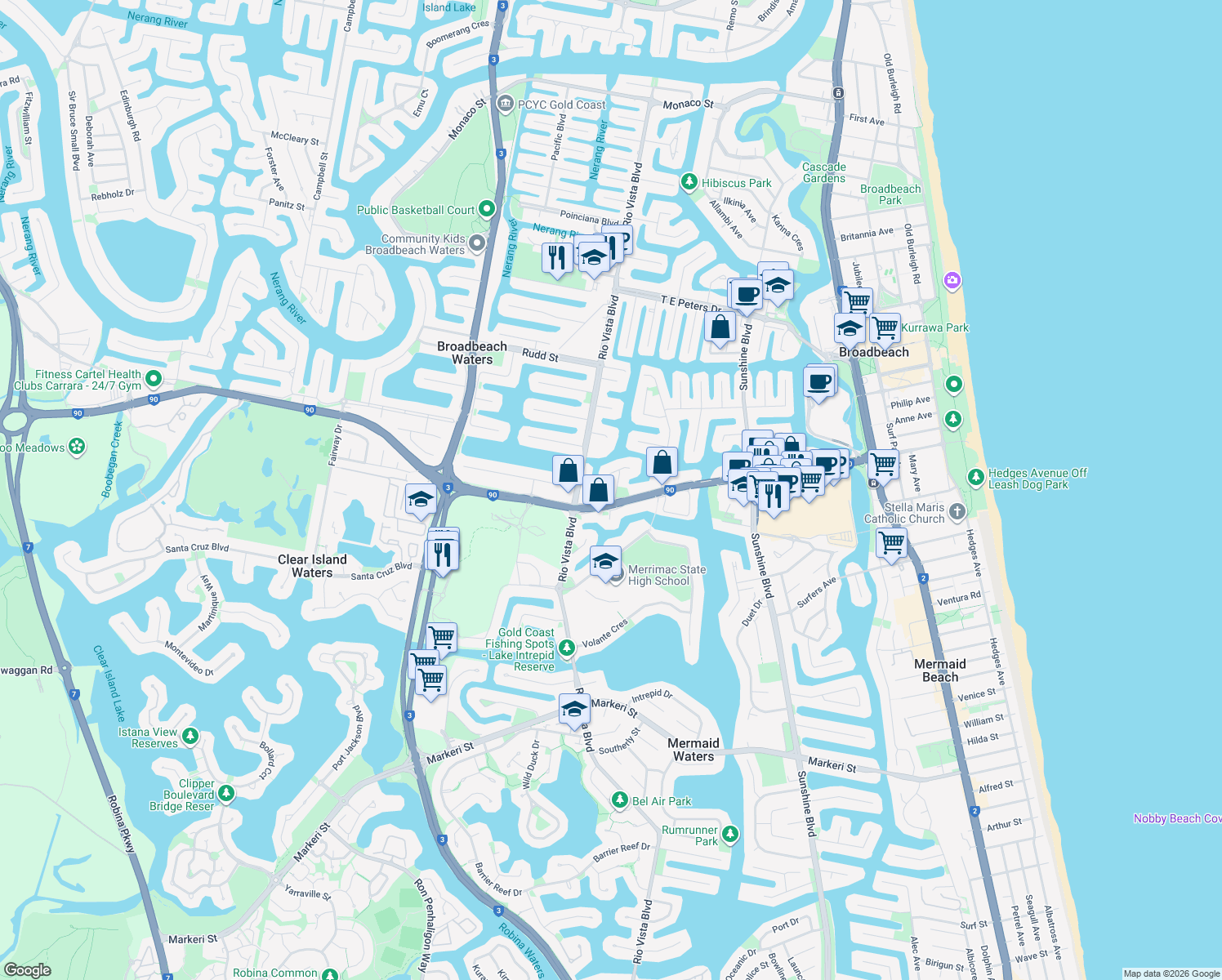 map of restaurants, bars, coffee shops, grocery stores, and more near 4 Cocos Crescent in Broadbeach Waters