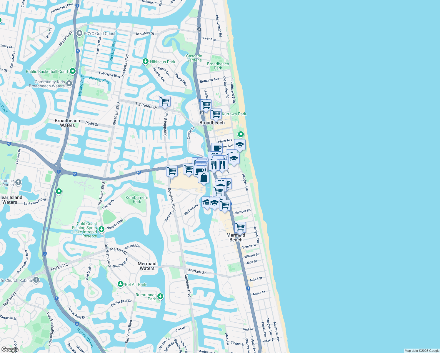 map of restaurants, bars, coffee shops, grocery stores, and more near 34 Alexandra Avenue in Broadbeach