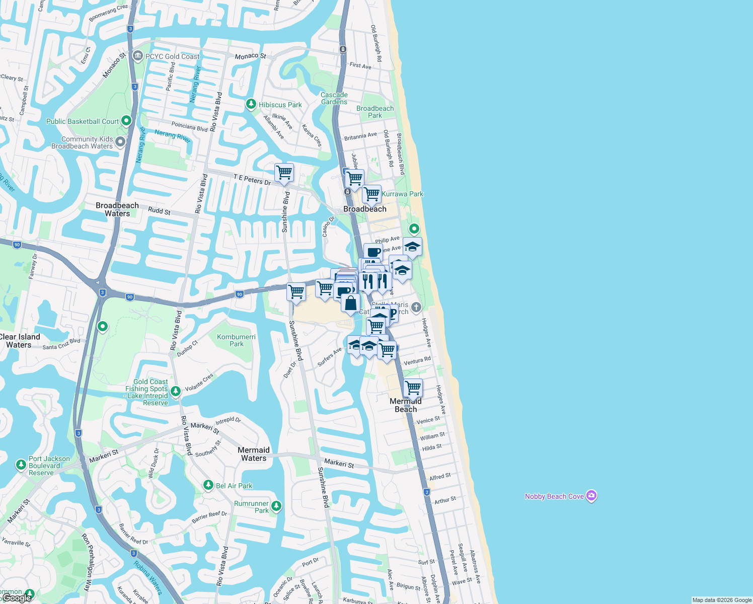 map of restaurants, bars, coffee shops, grocery stores, and more near 36 Alexandra Avenue in Broadbeach