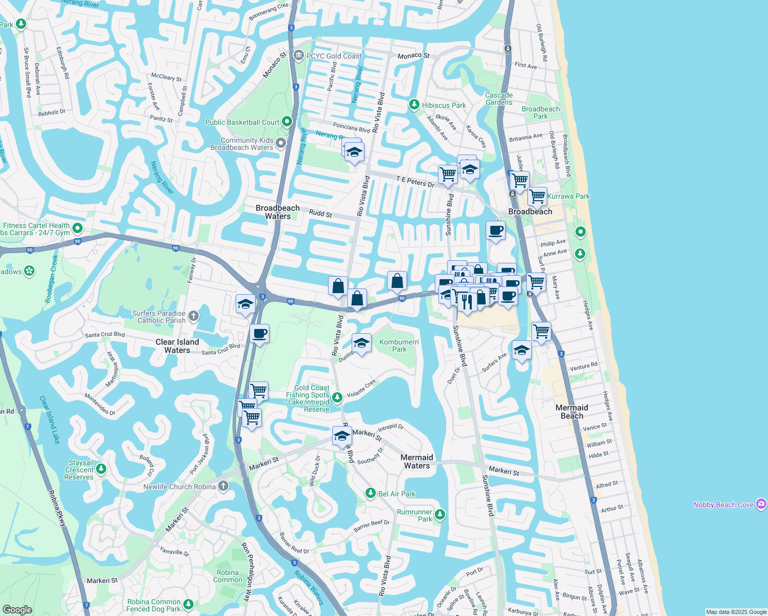 map of restaurants, bars, coffee shops, grocery stores, and more near 74 Hooker Boulevard in Mermaid Waters
