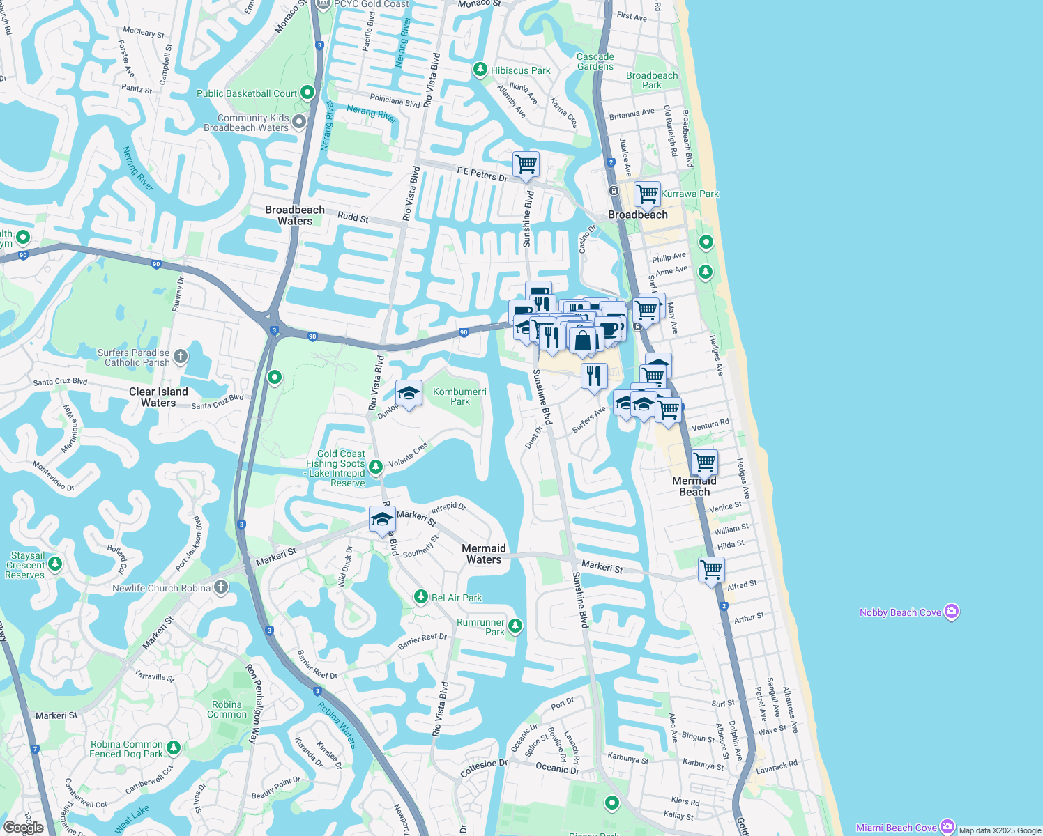 map of restaurants, bars, coffee shops, grocery stores, and more near Aquila Court in Mermaid Waters