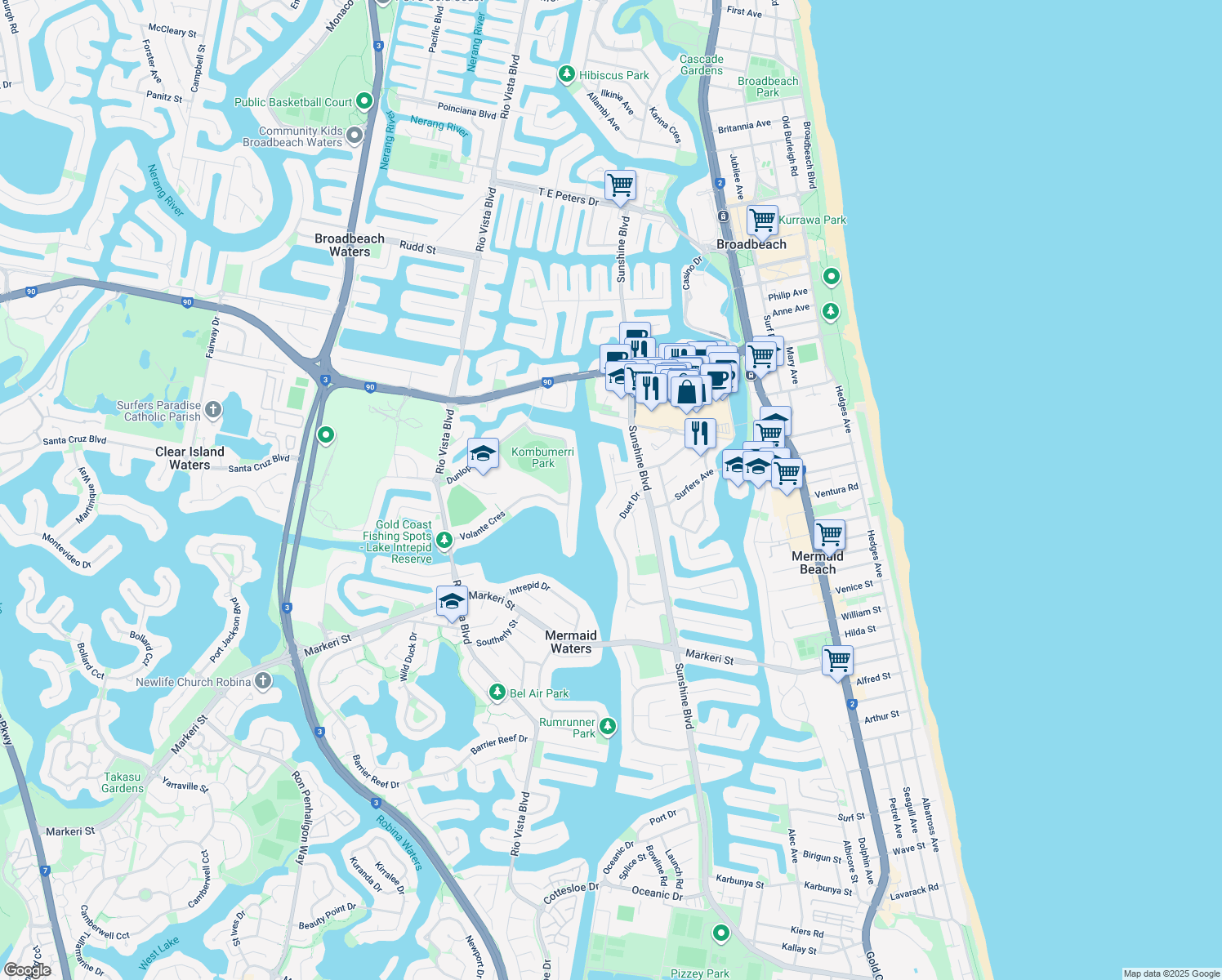 map of restaurants, bars, coffee shops, grocery stores, and more near 10 Aquila Court in Mermaid Waters