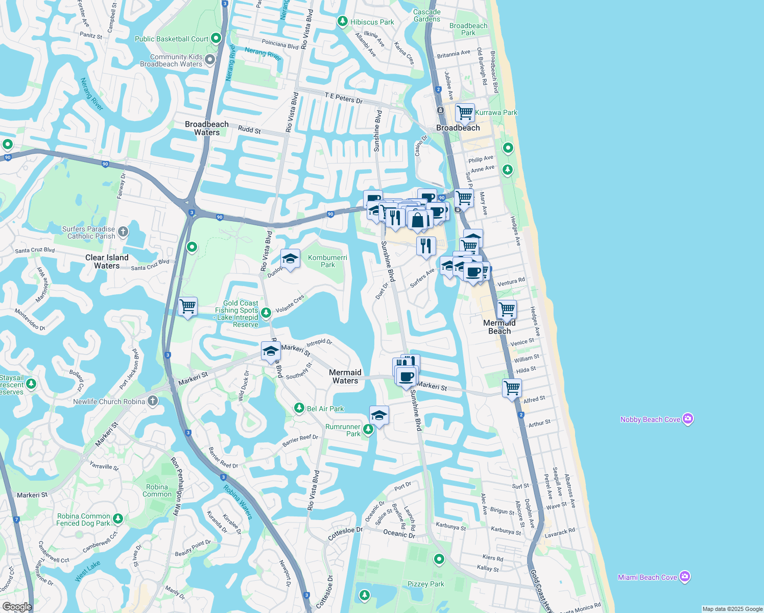 map of restaurants, bars, coffee shops, grocery stores, and more near 5 Christina Court in Mermaid Waters