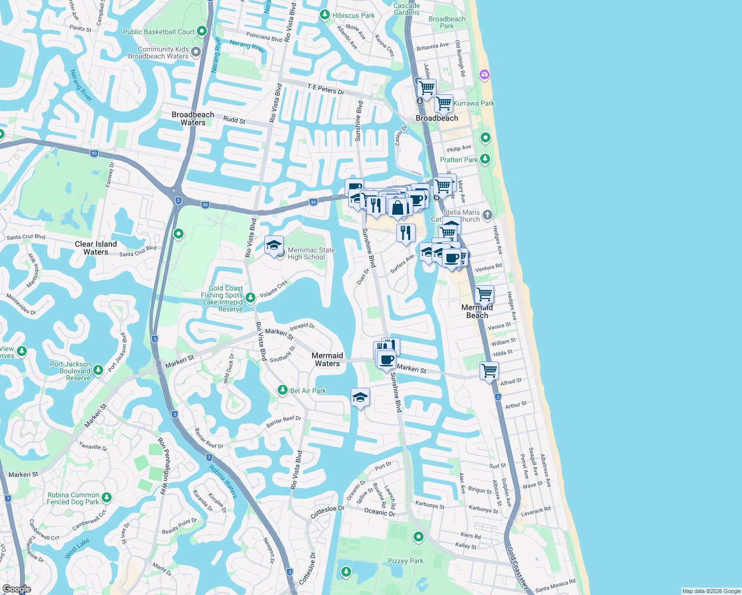 map of restaurants, bars, coffee shops, grocery stores, and more near 14 Christina Court in Mermaid Waters