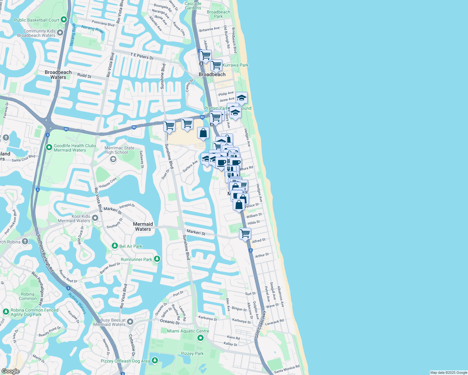 map of restaurants, bars, coffee shops, grocery stores, and more near 2500 Gold Coast Highway in Mermaid Beach