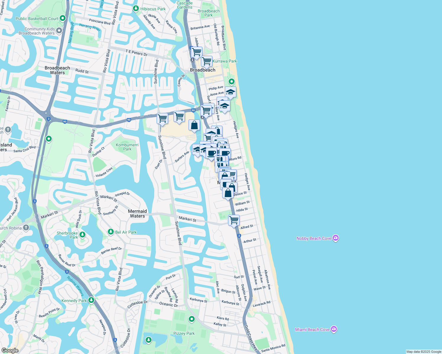 map of restaurants, bars, coffee shops, grocery stores, and more near 2500 Gold Coast Highway in Mermaid Beach