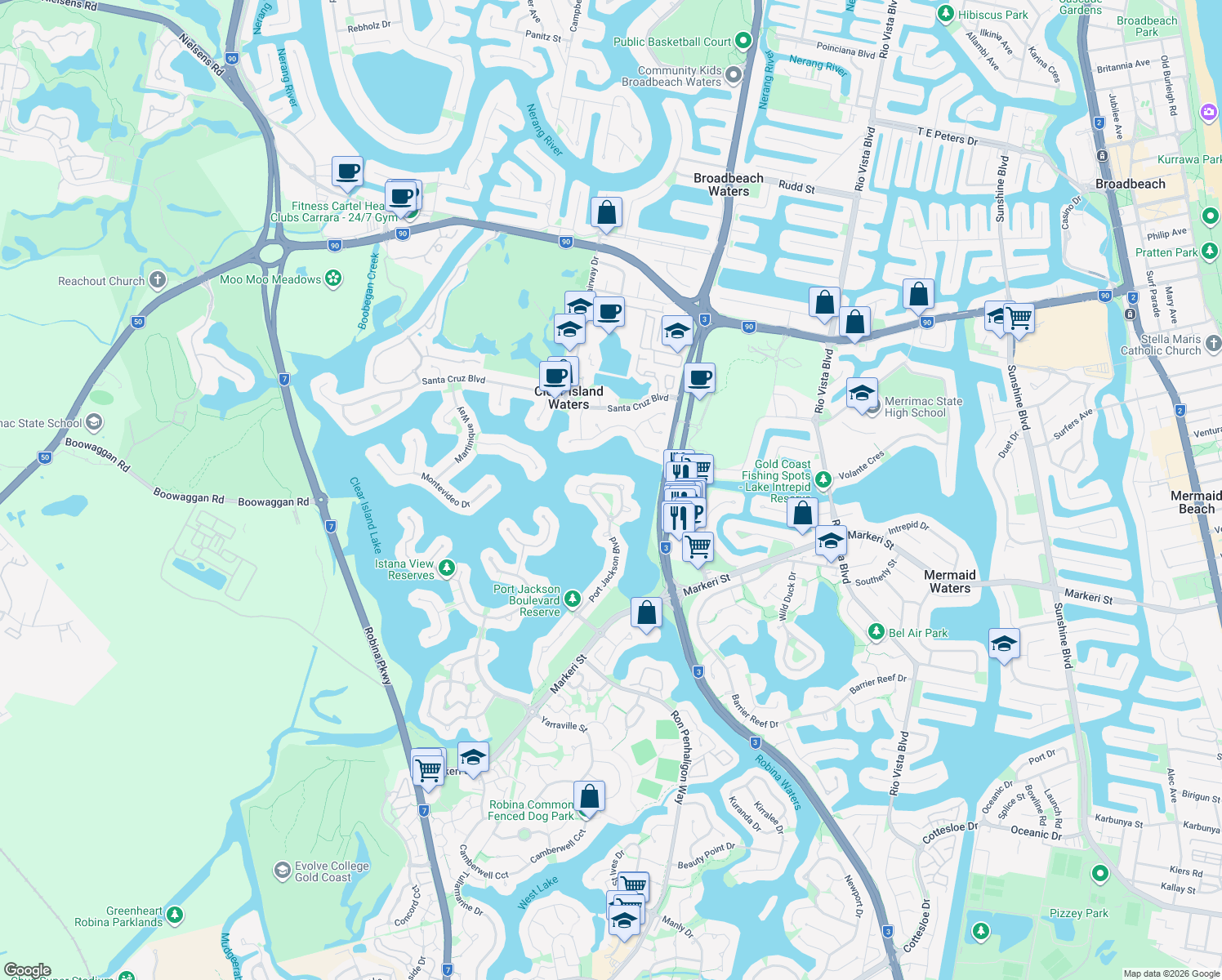 map of restaurants, bars, coffee shops, grocery stores, and more near 117 Port Jackson Boulevard in Clear Island Waters