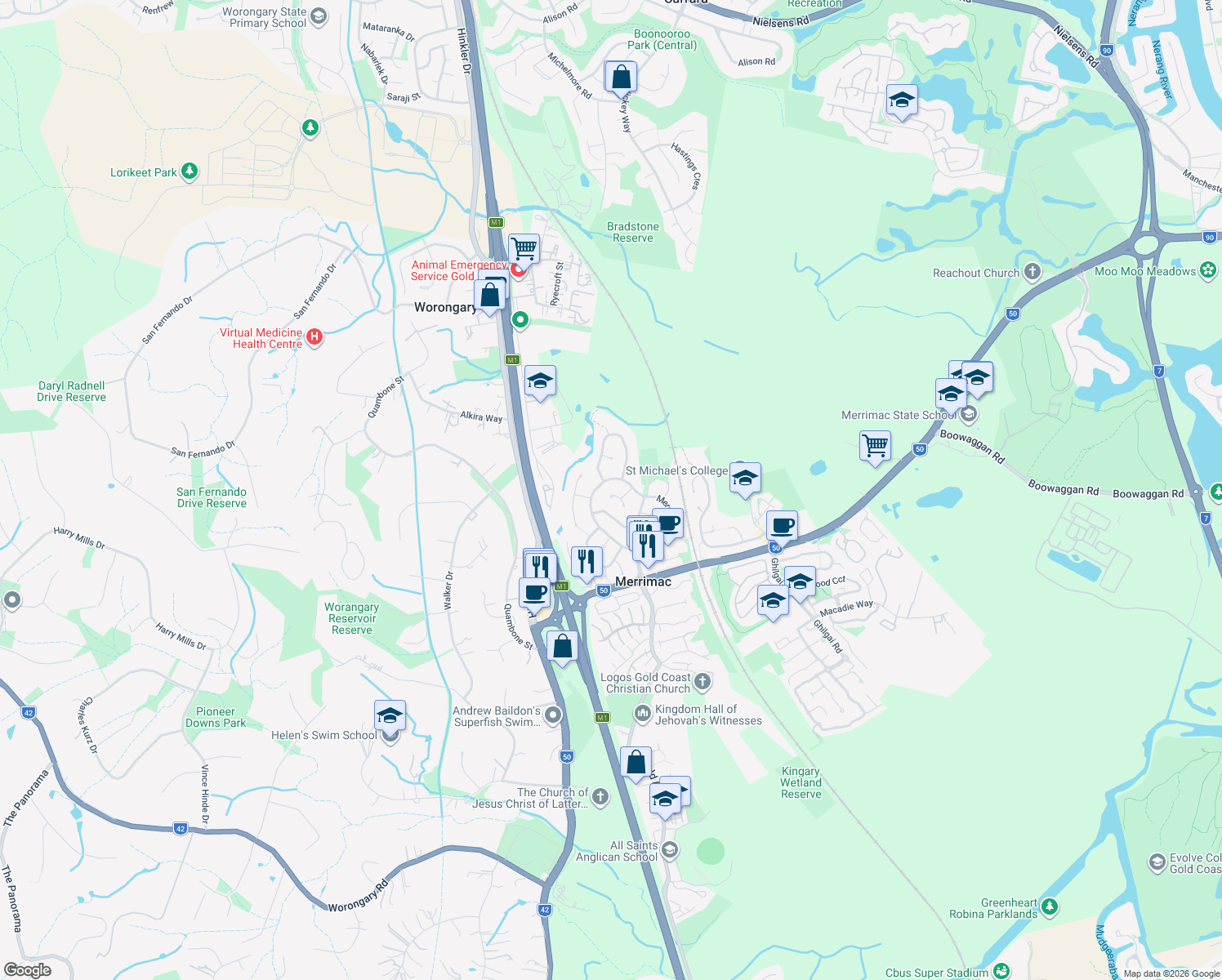 map of restaurants, bars, coffee shops, grocery stores, and more near 9 Lorne Court in Merrimac