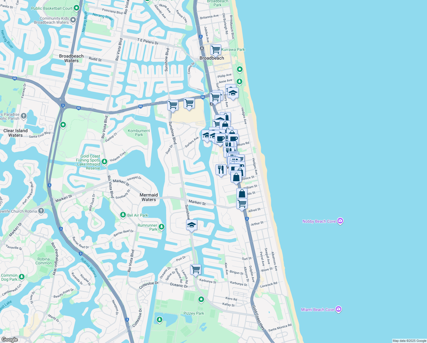 map of restaurants, bars, coffee shops, grocery stores, and more near 52 Avanti Street in Mermaid Waters