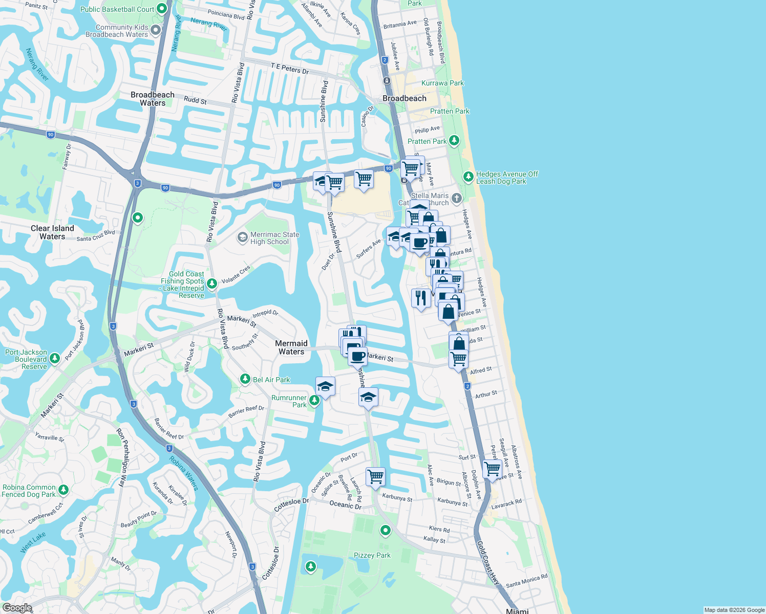 map of restaurants, bars, coffee shops, grocery stores, and more near 28 Gretel Drive in Mermaid Waters